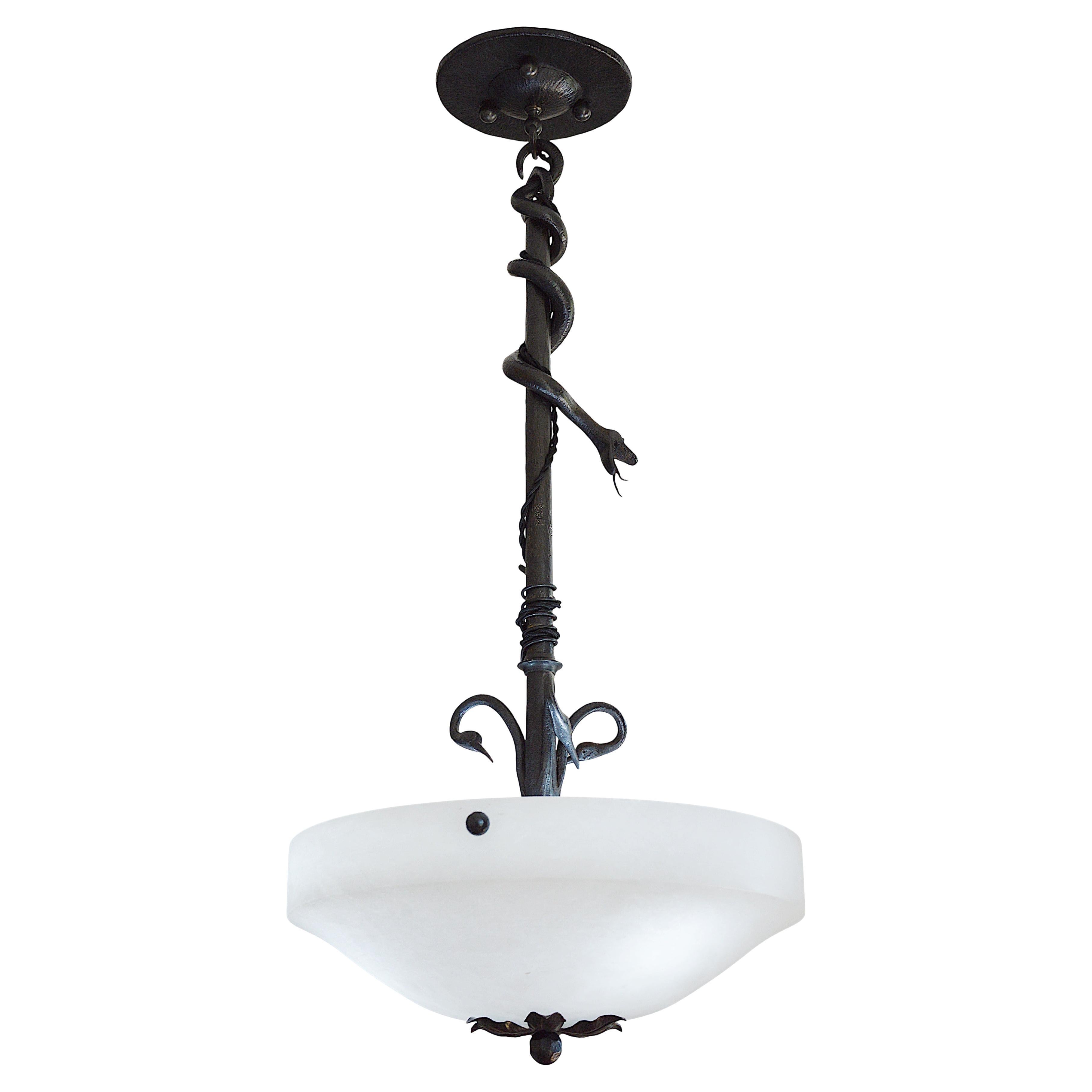 Rare French Art Deco Wrought-Iron Snake and Alabaster Pendant Chandelier, 1920 For Sale