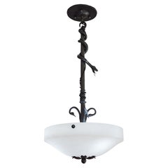 Rare French Art Deco Wrought-Iron Snake and Alabaster Pendant Chandelier, 1920