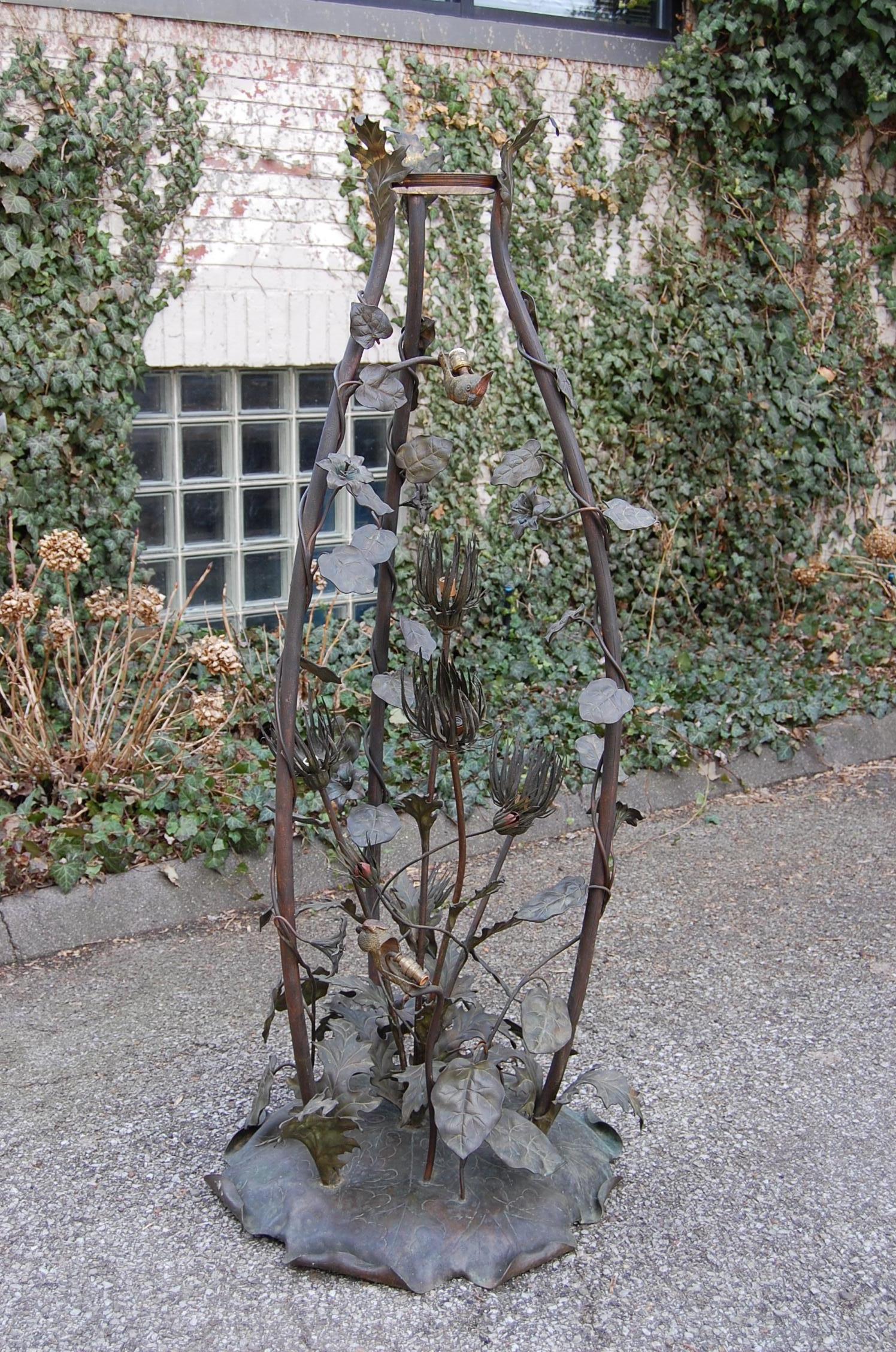 Rare French Art Nouveau Bronze Floor Lamp with Embossed Leaves, Flowers & Birds For Sale 4