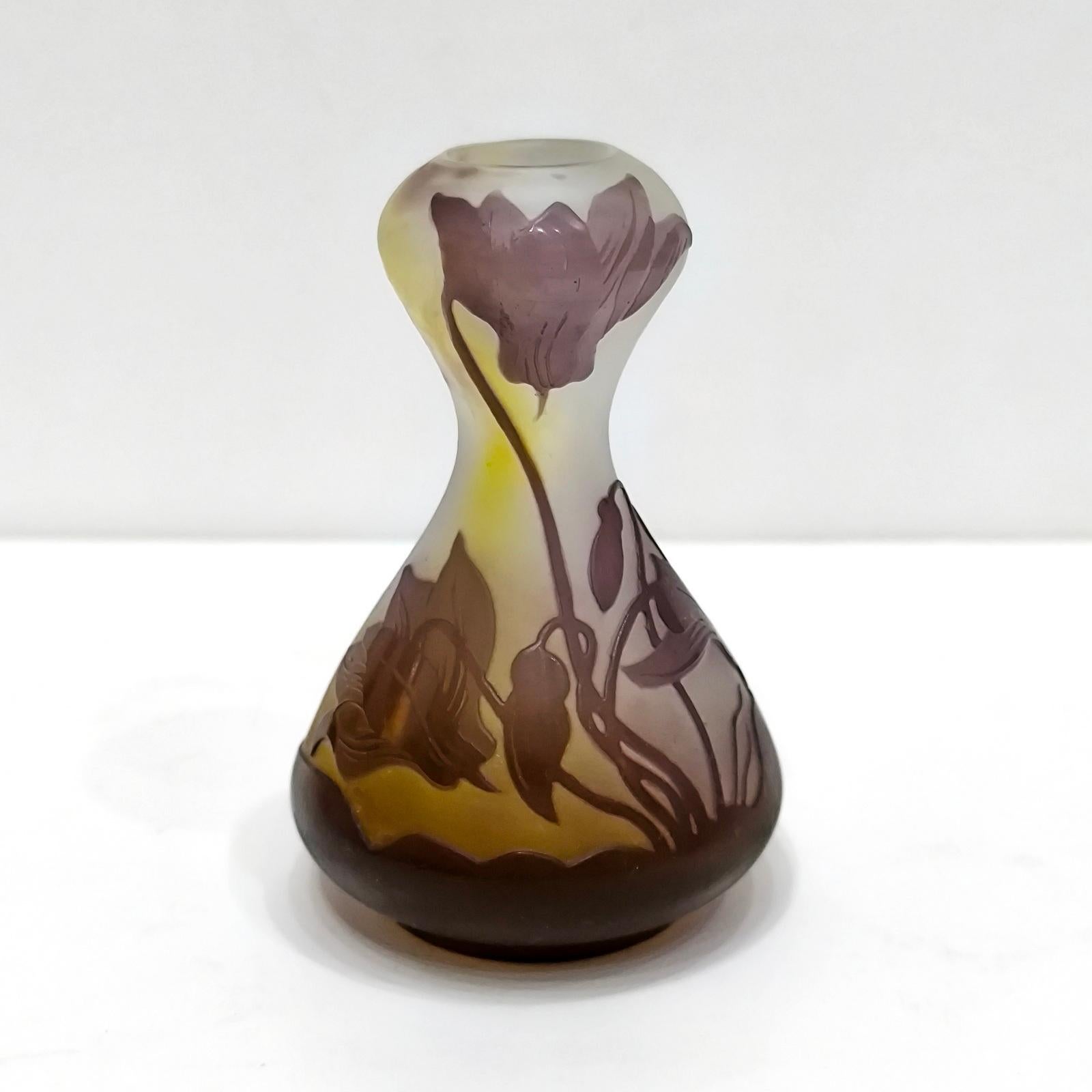 Etched Rare French Art Nouveau Cameo Glass Vase by Emile Galle, Cyclamens Decor For Sale
