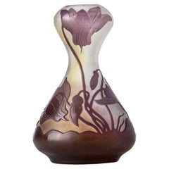 Rare French Art Nouveau Cameo Glass Vase by Emile Galle, Cyclamens Decor