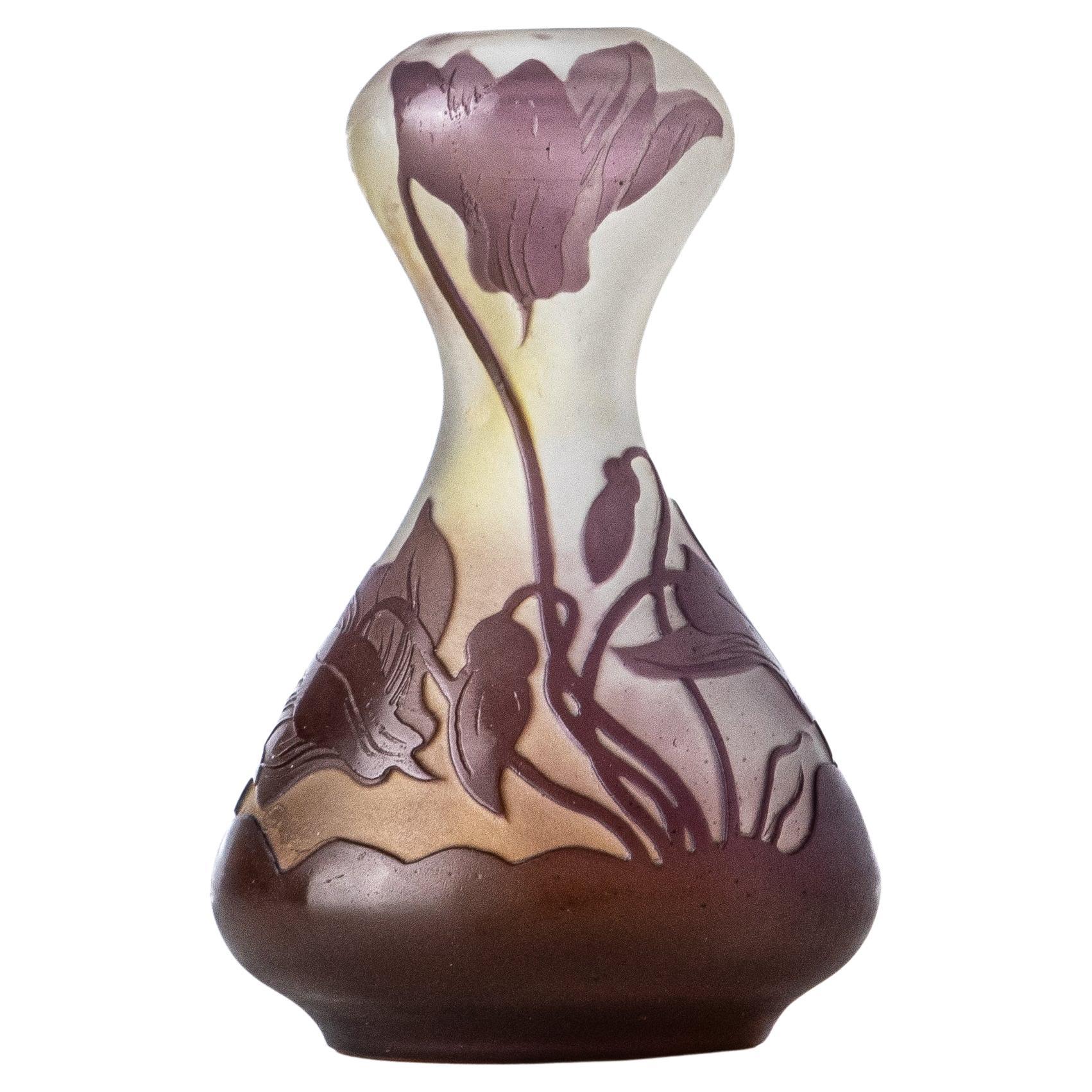 Rare French Art Nouveau Cameo Glass Vase by Emile Galle, Cyclamens Decor