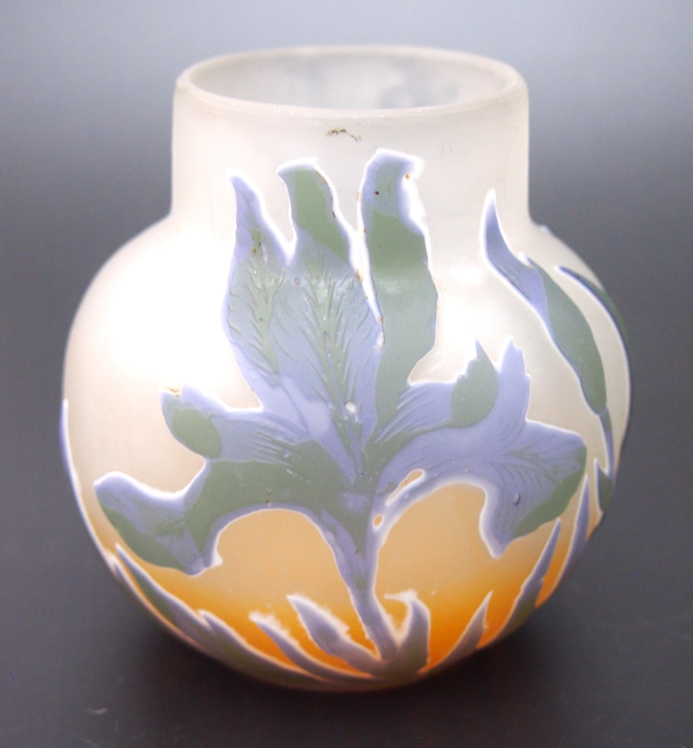 Rare French Art Nouveau 4 colour Emile Galle Cameo Glass Vase -With Irises c1908 For Sale 3