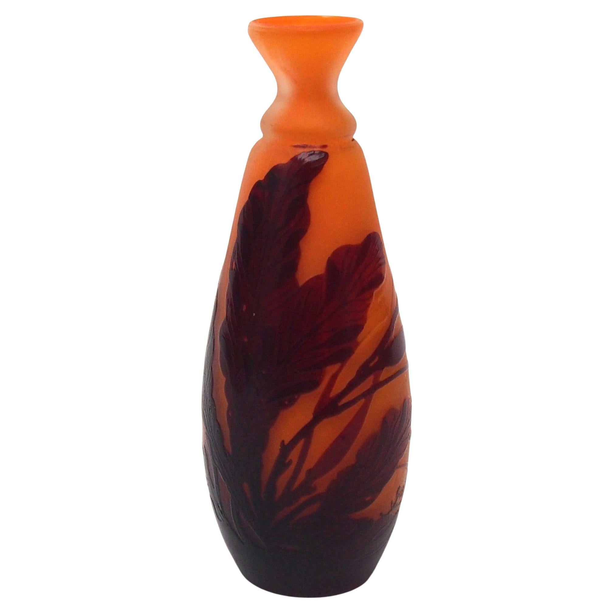 Rare French Art Nouveau Emile Galle Cameo Glass Vase Seaweed -Wartime Production For Sale