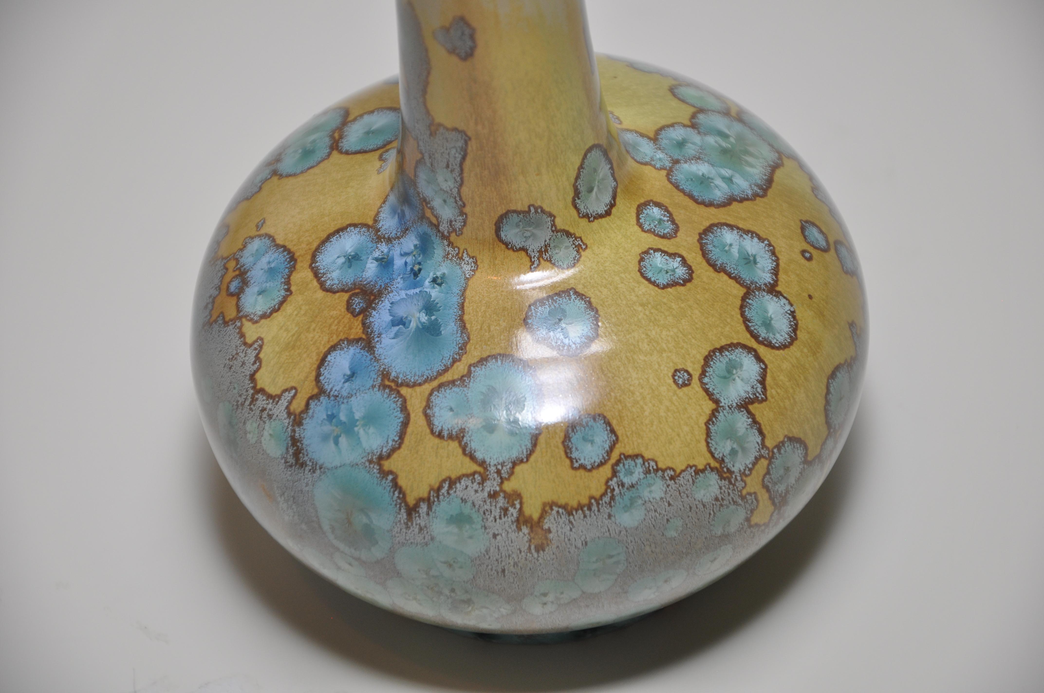 Rare French Art Nouveau ceramic vase of globular form by Alfred Renoleau, 
with very pretty crystalline bluish green crystalline glaze over a softly tone pale ochre body. 
An exquisite example of his work, fit for a museum.

  

Please note