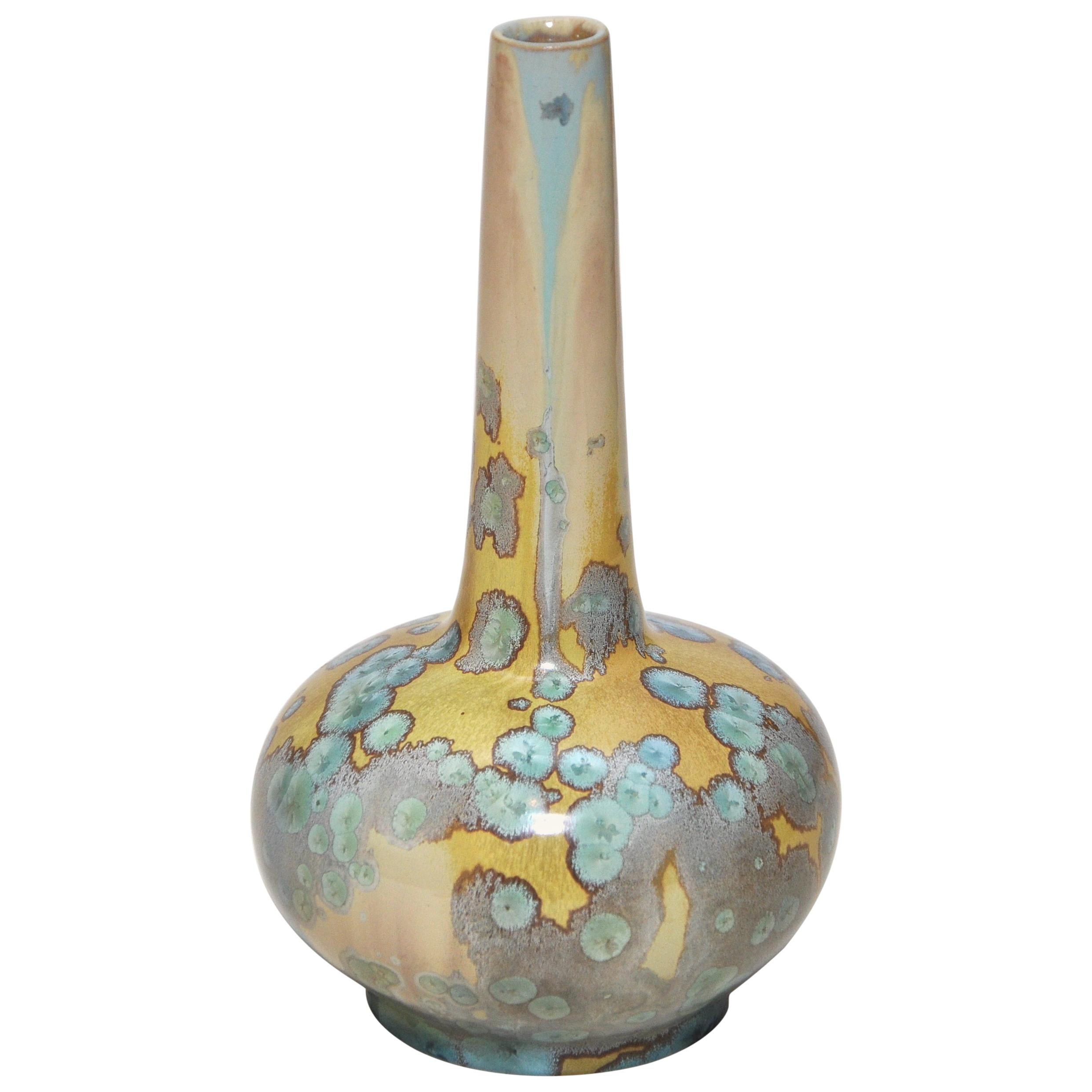 Rare vase en céramique Art nouveau français vert bleu jaune par Alfred Renoleau en vente