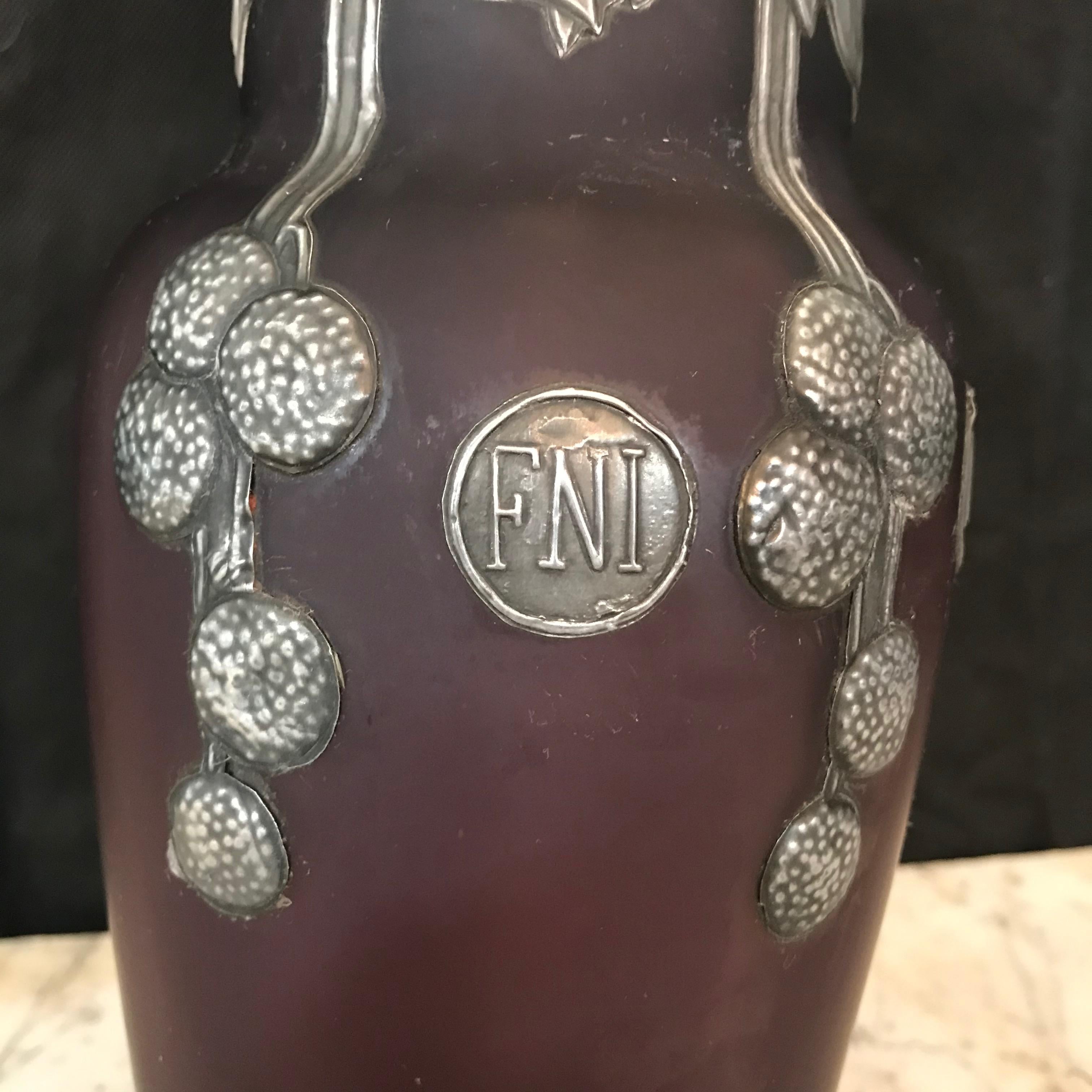 Rare French Art Nouveau Pewter Mounted Violet Opalescent Vase In Excellent Condition In Hopewell, NJ