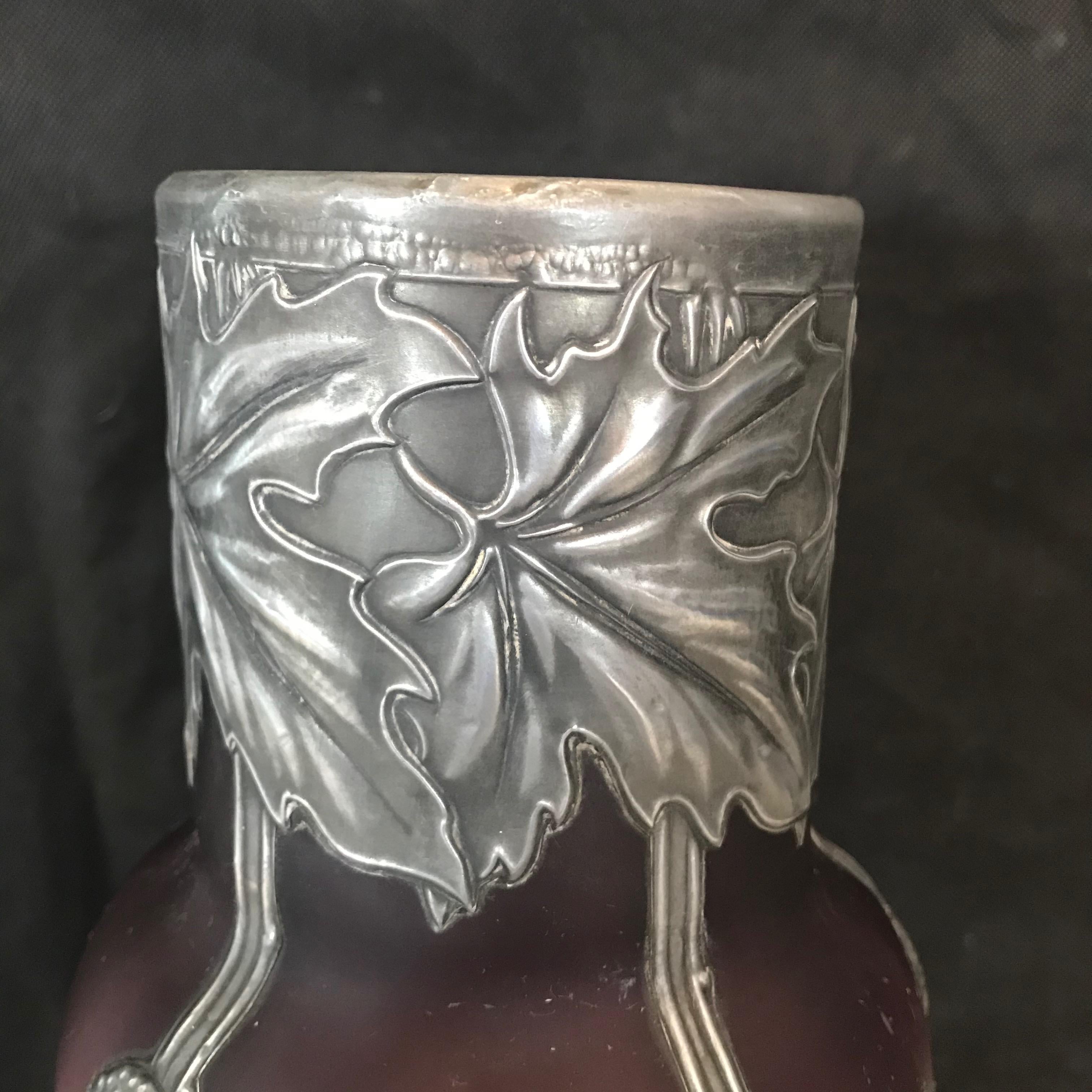 Early 20th Century Rare French Art Nouveau Pewter Mounted Violet Opalescent Vase