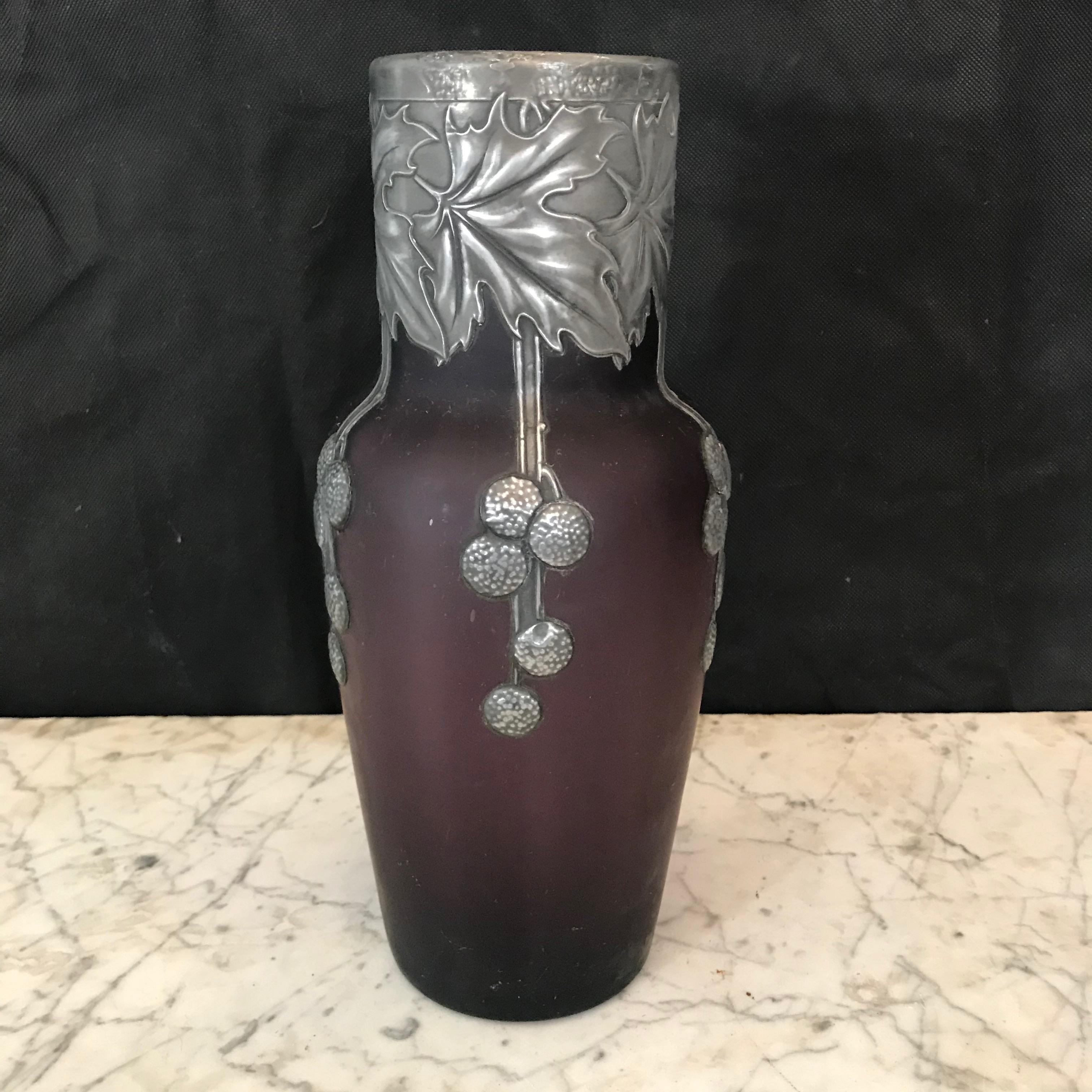 Opaline Glass Rare French Art Nouveau Pewter Mounted Violet Opalescent Vase