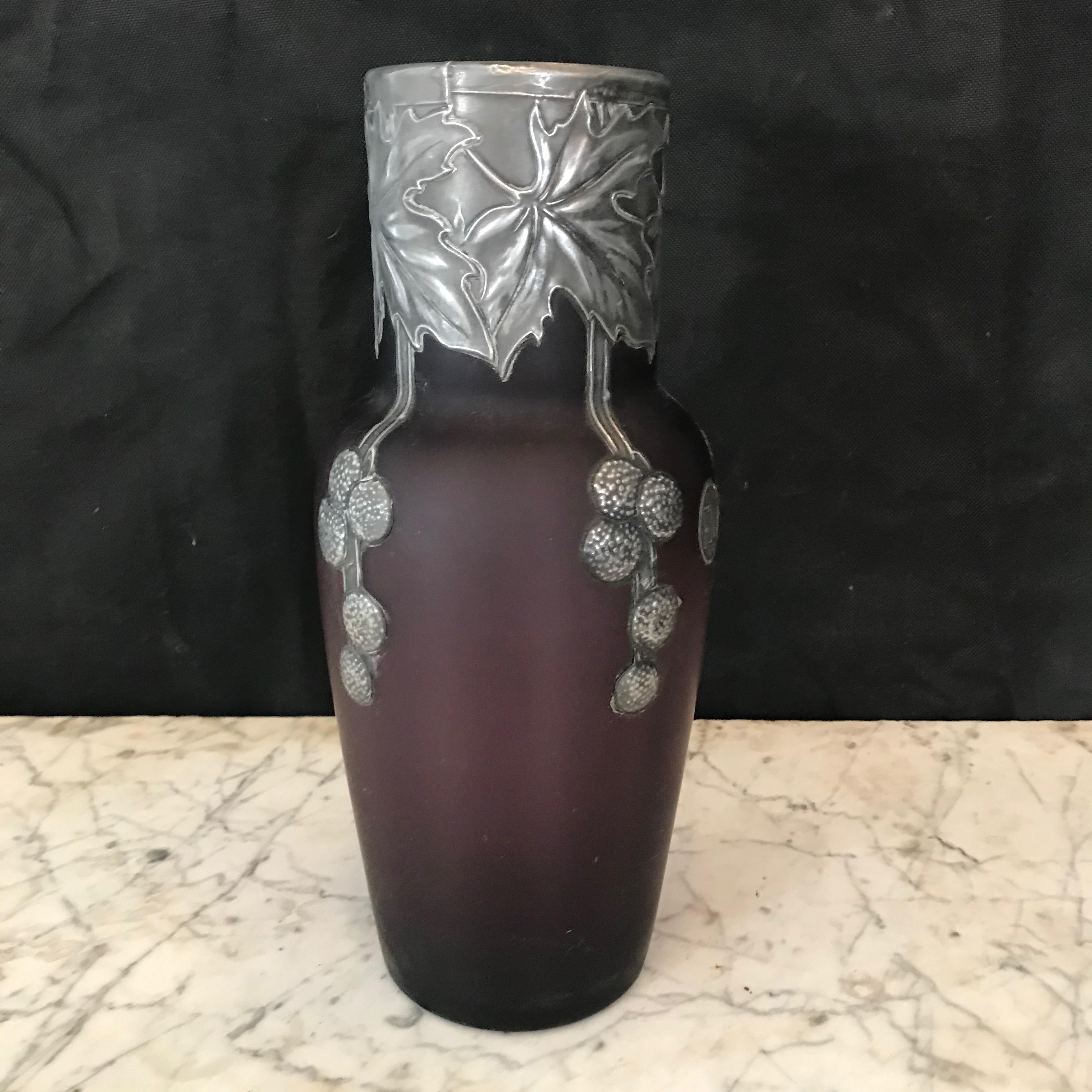 Rare French Art Nouveau Pewter Mounted Violet Opalescent Vase 1