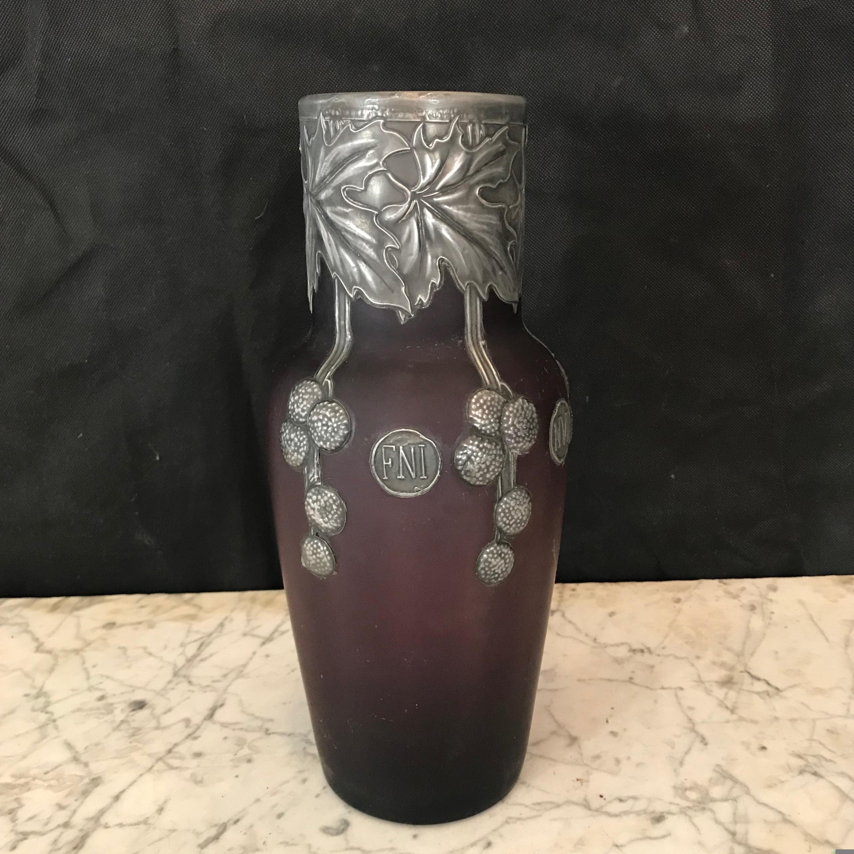 Rare French Art Nouveau Pewter Mounted Violet Opalescent Vase 2