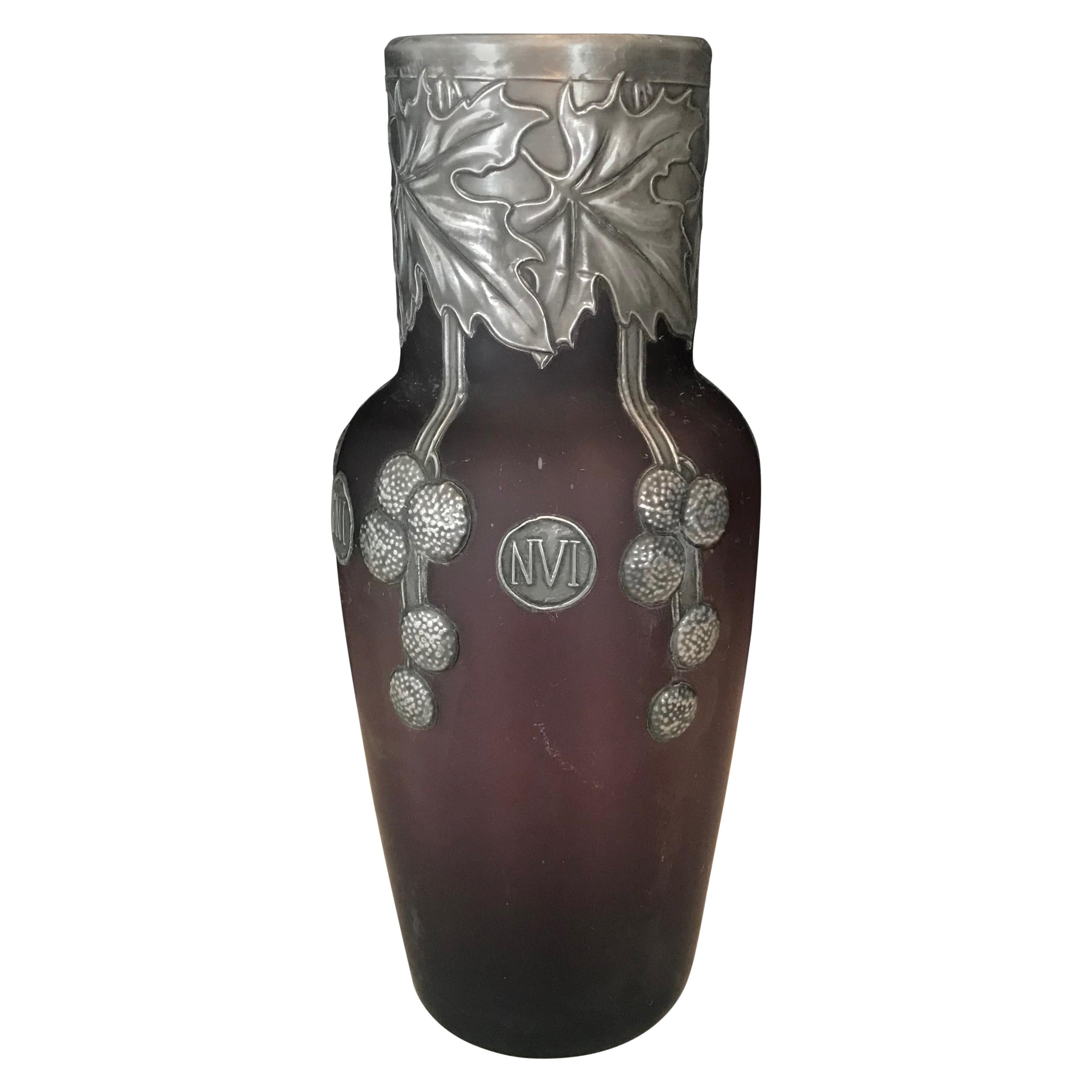 Rare French Art Nouveau Pewter Mounted Violet Opalescent Vase