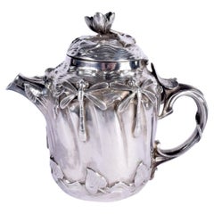 French Art Nouveau Teapot with Dragonfly Sterling Silver Stamped