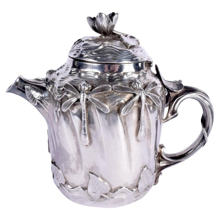 French Art Nouveau Teapot with Dragonfly Sterling Silver Stamped For Sale