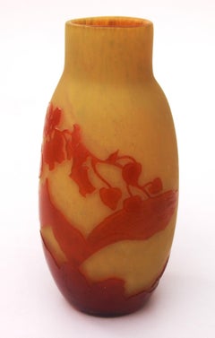 Rare French Art Nouveau Yellow Marbled Emile Galle Cameo Glass Vase -Orchids