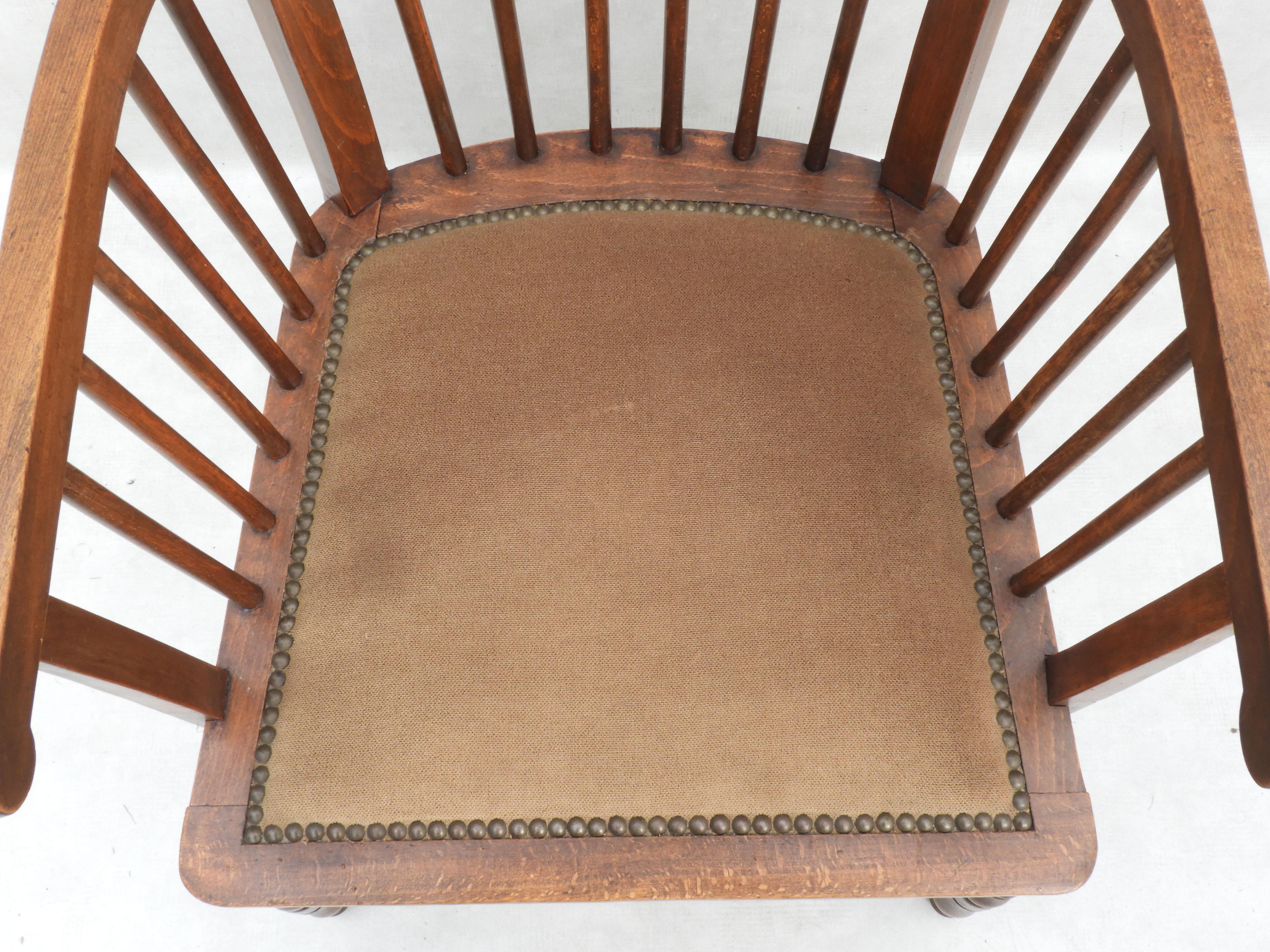 Rare French Arts and Crafts High Back Spindle Wood Winged Upholstered Armchair For Sale 5