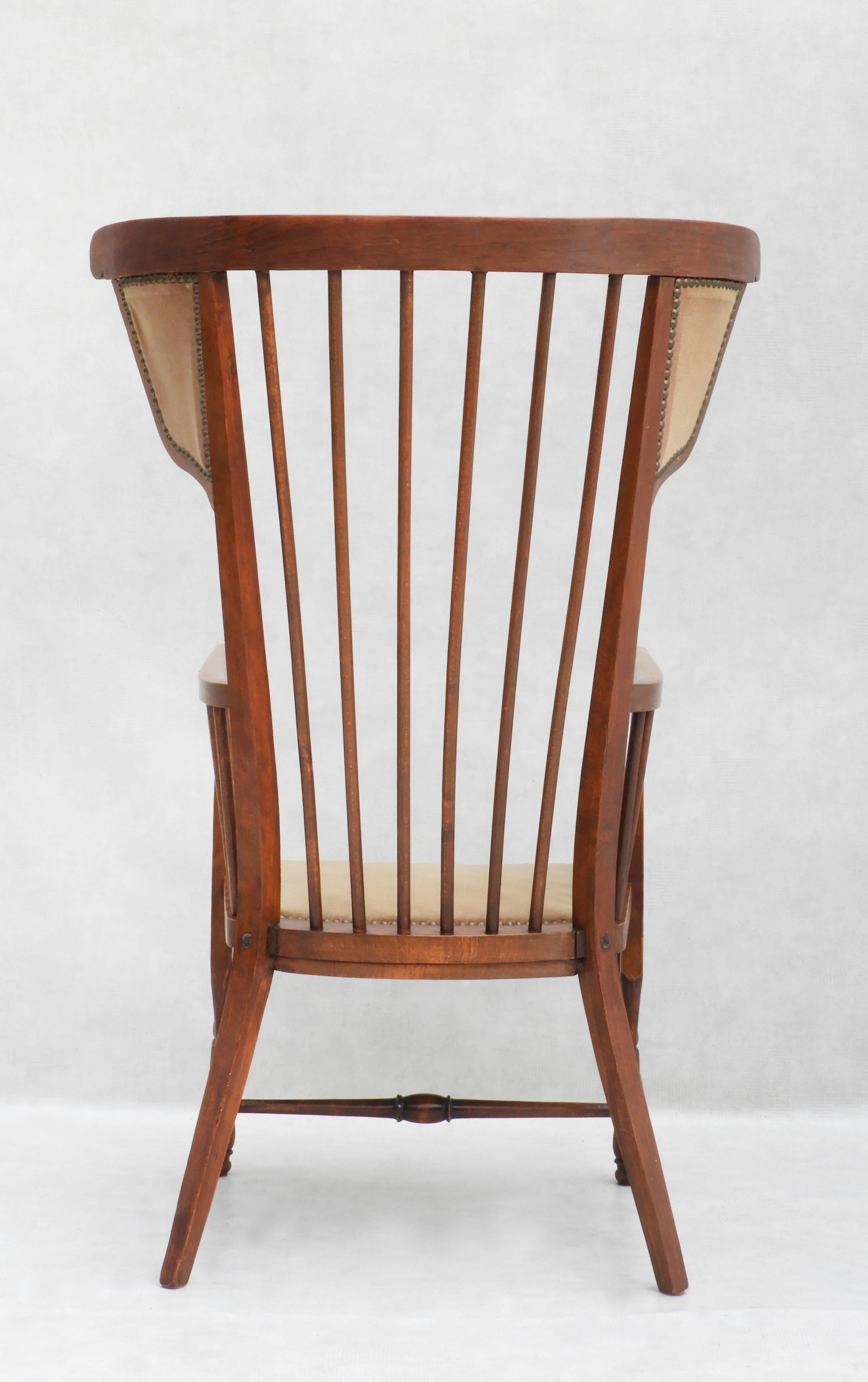Beech Rare French Arts and Crafts High Back Spindle Wood Winged Upholstered Armchair  For Sale