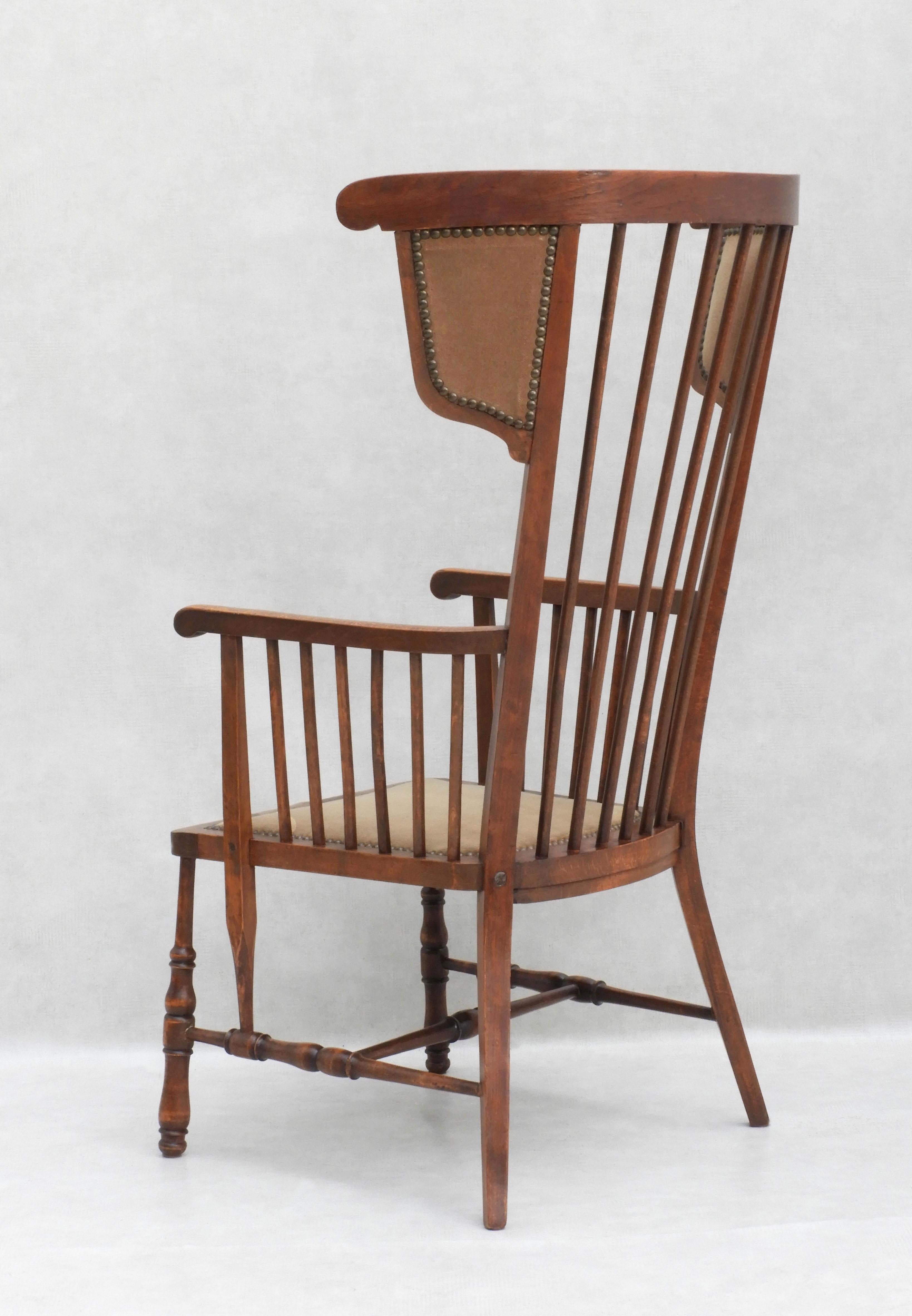 Rare French Arts and Crafts High Back Spindle Wood Winged Upholstered Armchair  For Sale 1