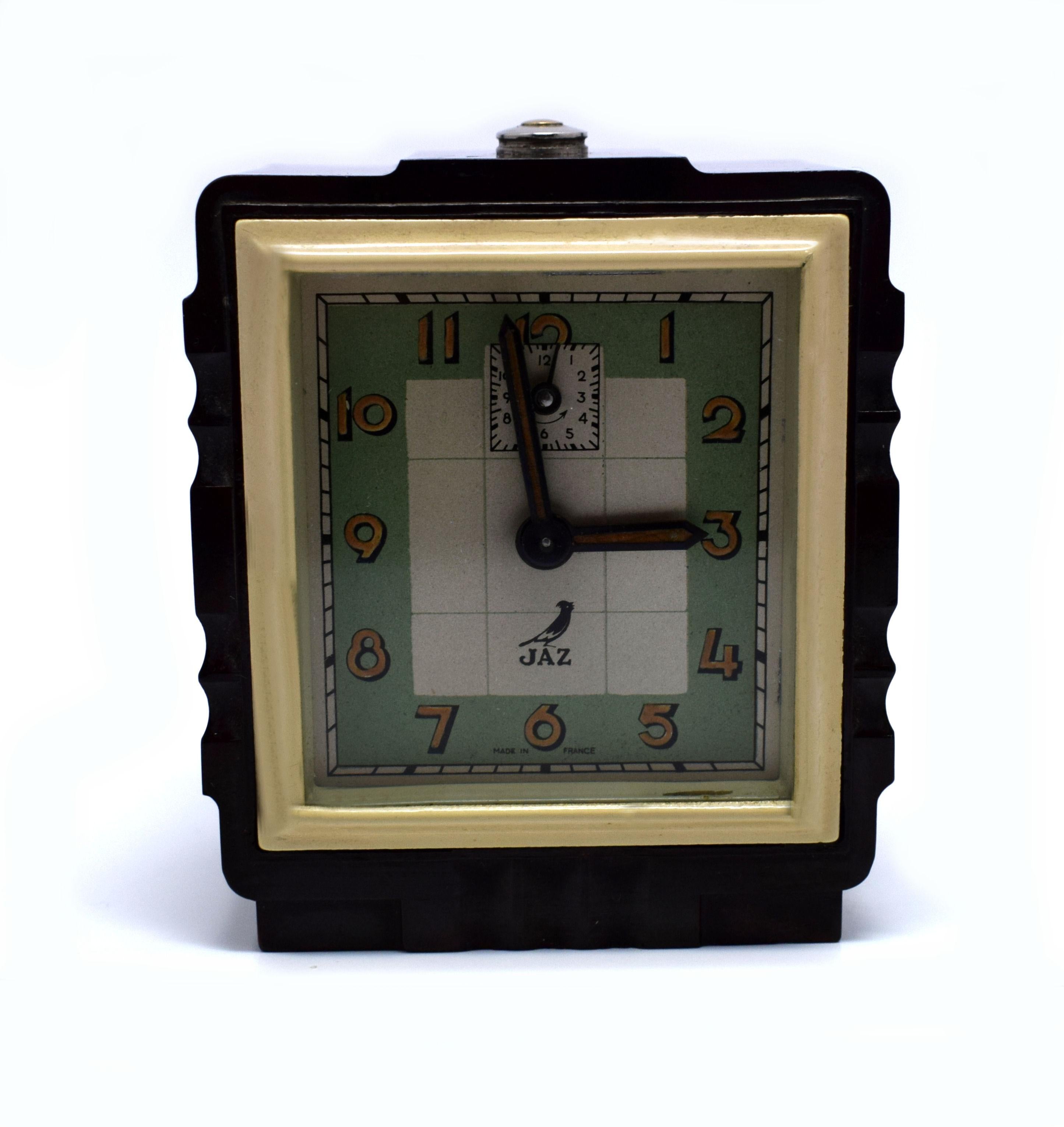 Rare French Bakelite Miniature Alarm Clock by JAZ In Good Condition In Devon, England