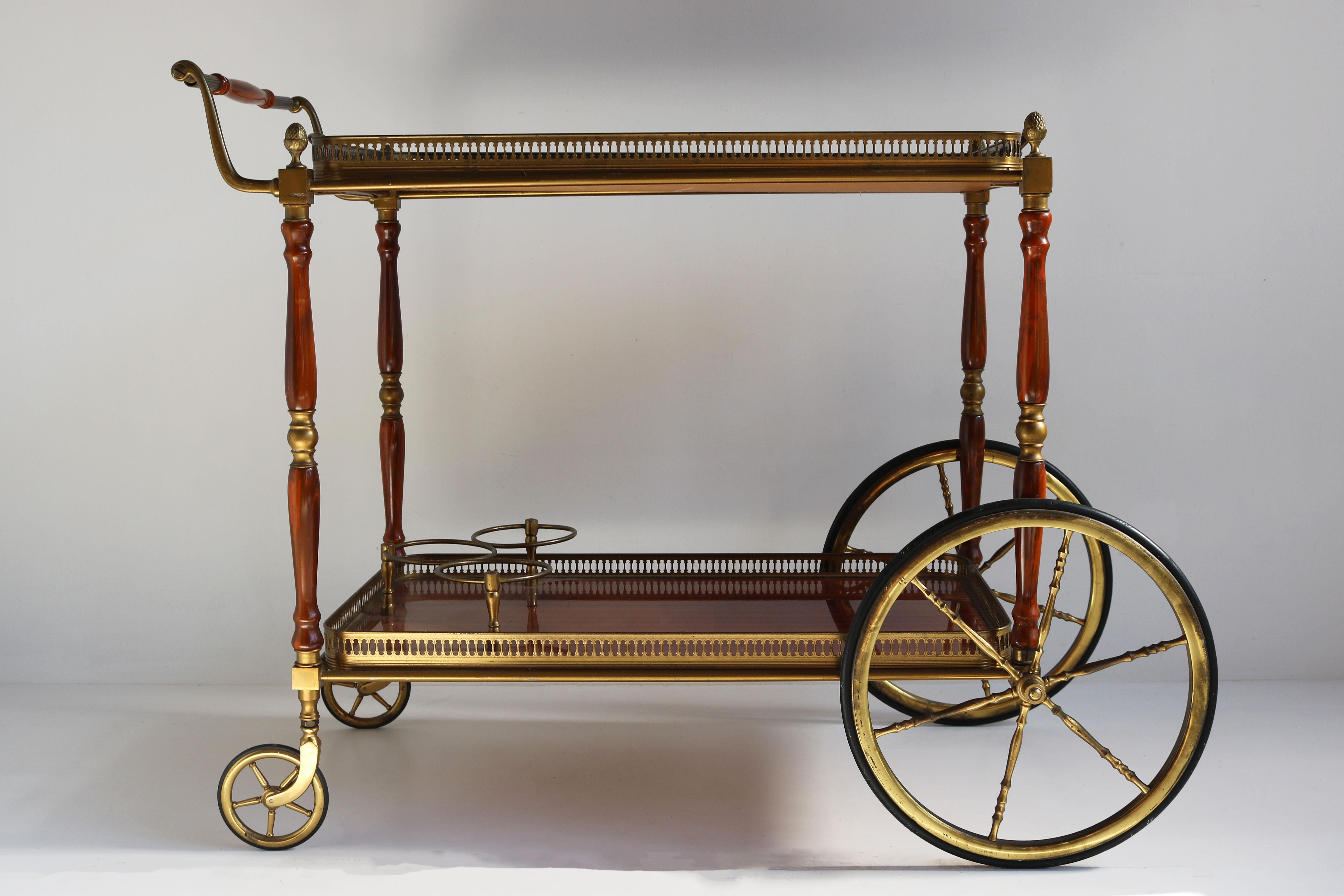Rare French Bar Cart / Serving Trolley by Maison Jansen Regency Brass & Mahogany 7