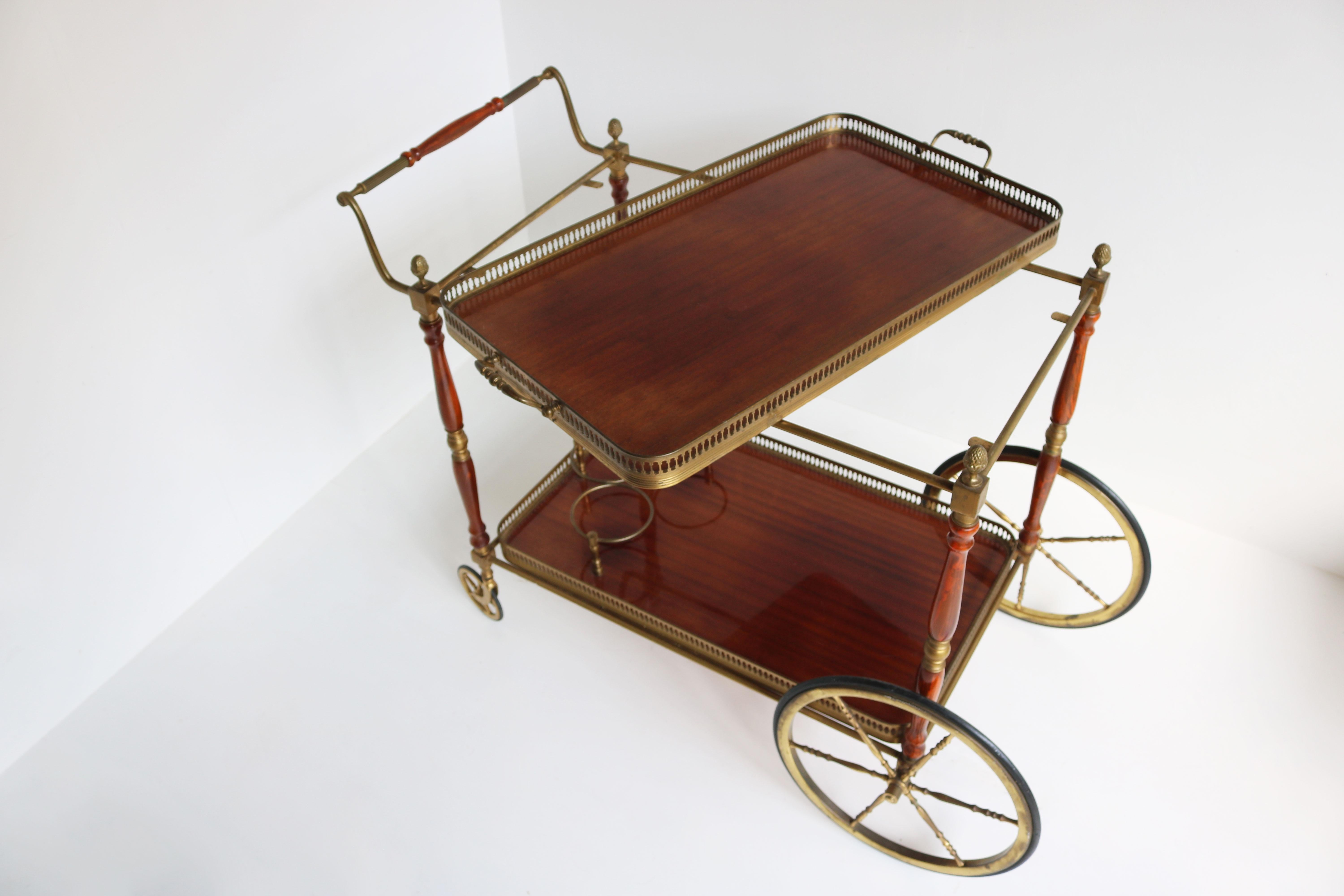 Rare French Bar Cart / Serving Trolley by Maison Jansen Regency Brass & Mahogany 1