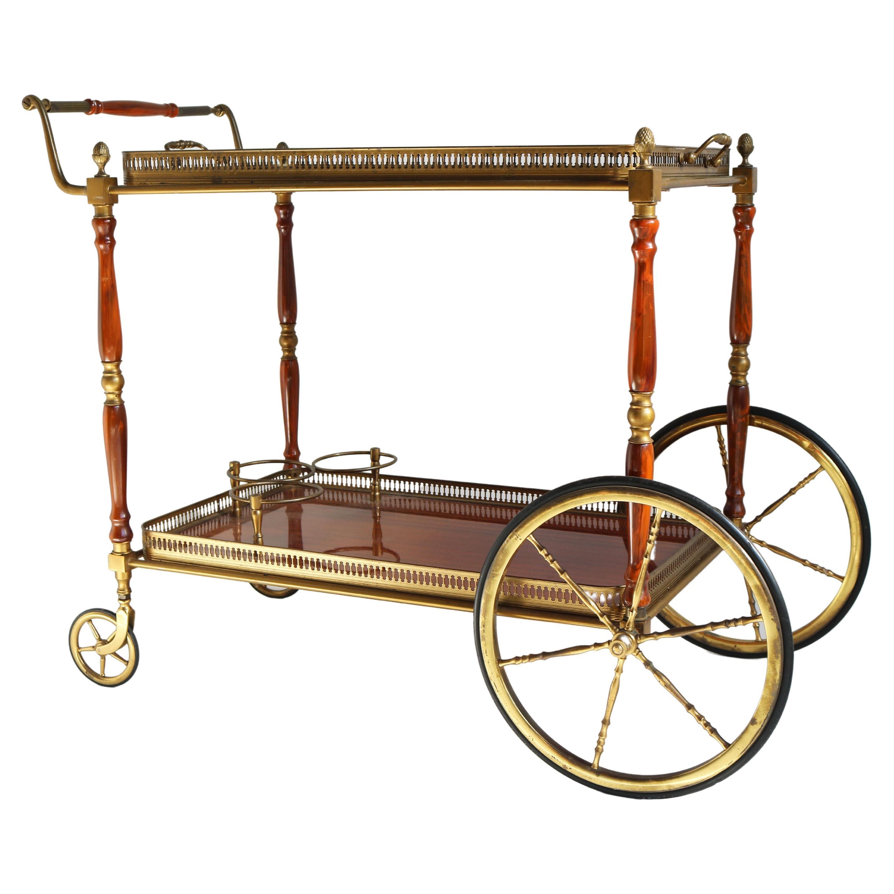 Rare French Bar Cart / Serving Trolley by Maison Jansen Regency Brass & Mahogany