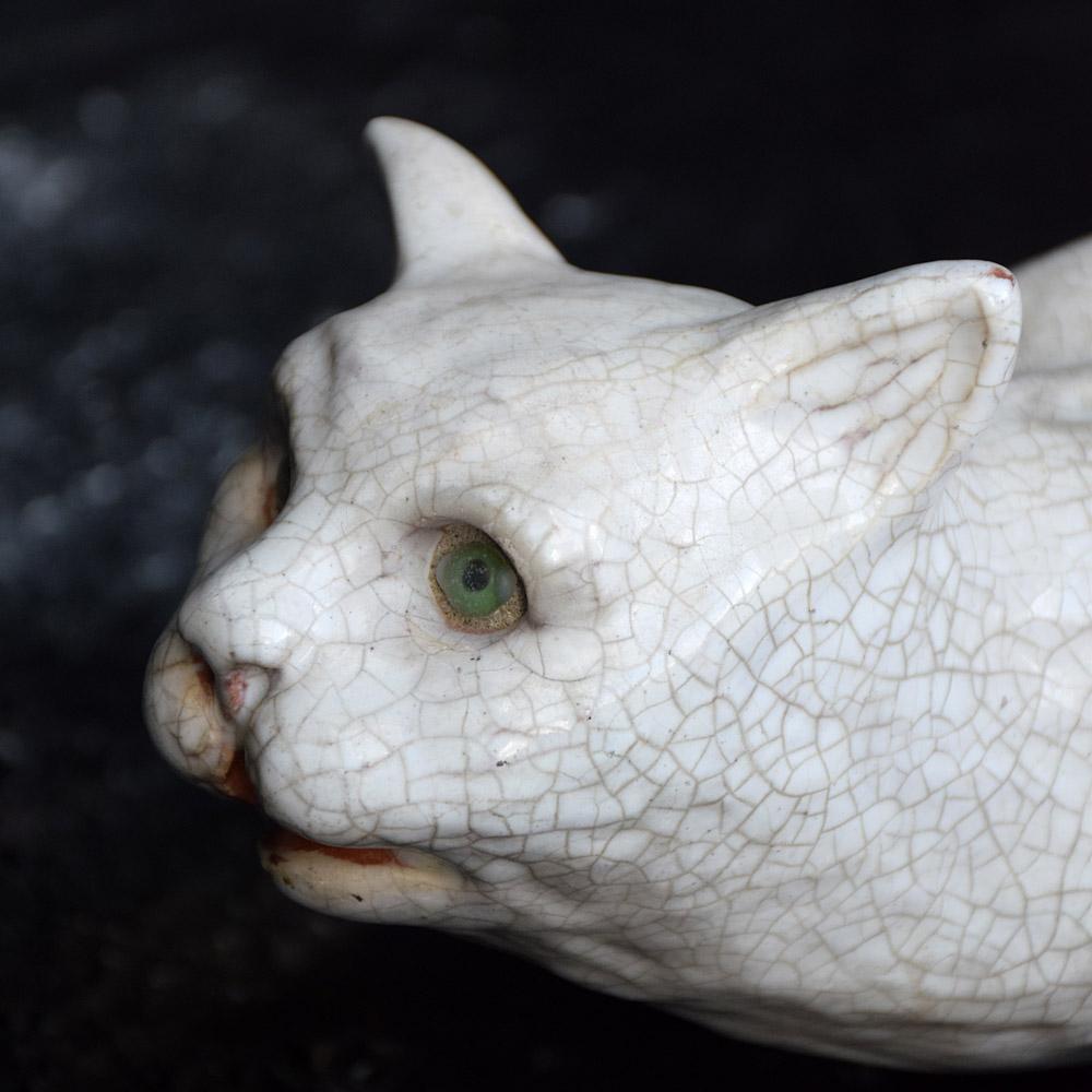 Rare French Bavent Faience Roof Tile Cat with Glass Eyes In Fair Condition In London, GB
