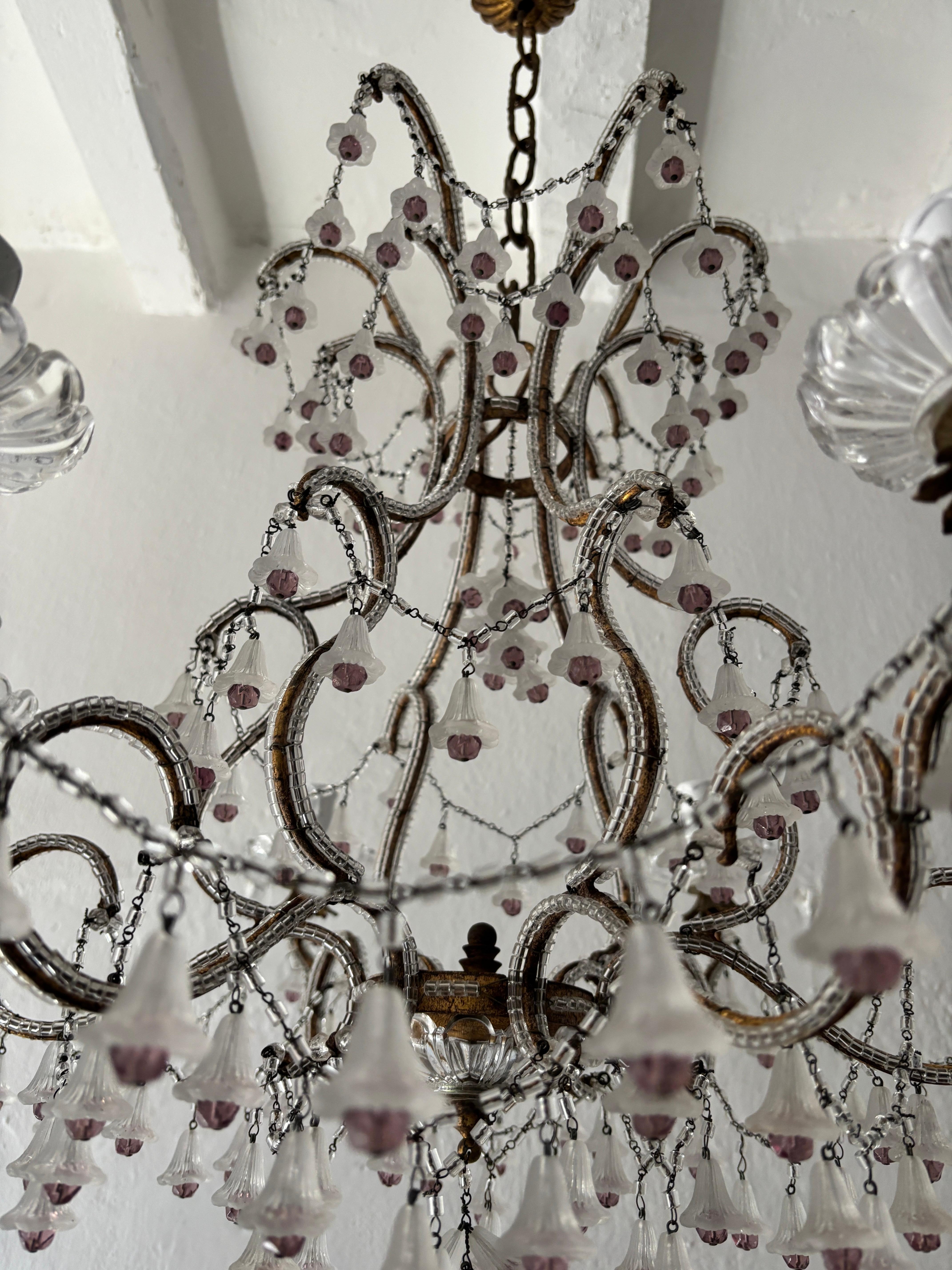 Rare French Beaded Murano Flower Bells Amethyst Beads Chandelier, circa 1930 For Sale 4