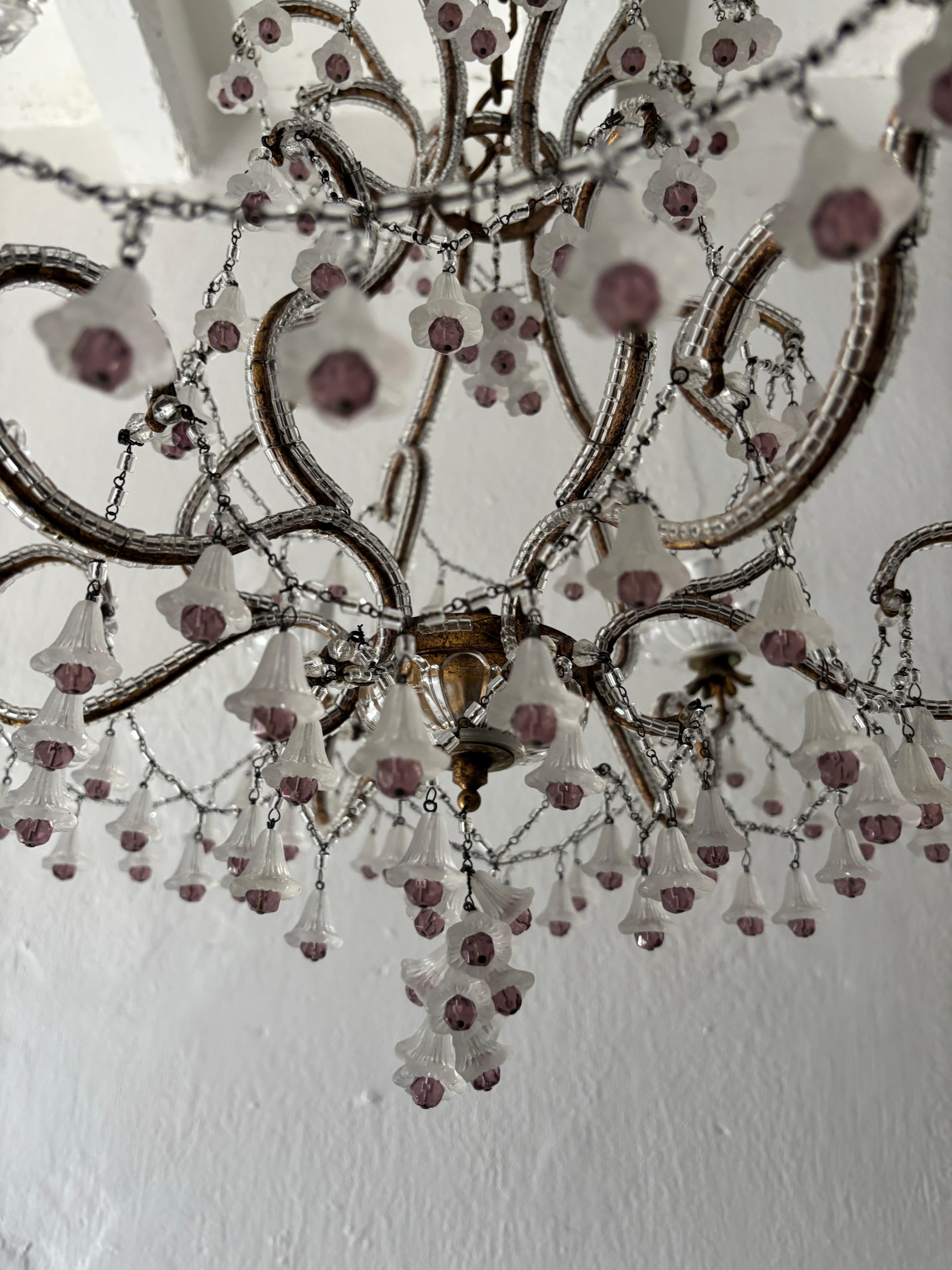 Rare French Beaded Murano Flower Bells Amethyst Beads Chandelier, circa 1930 For Sale 5