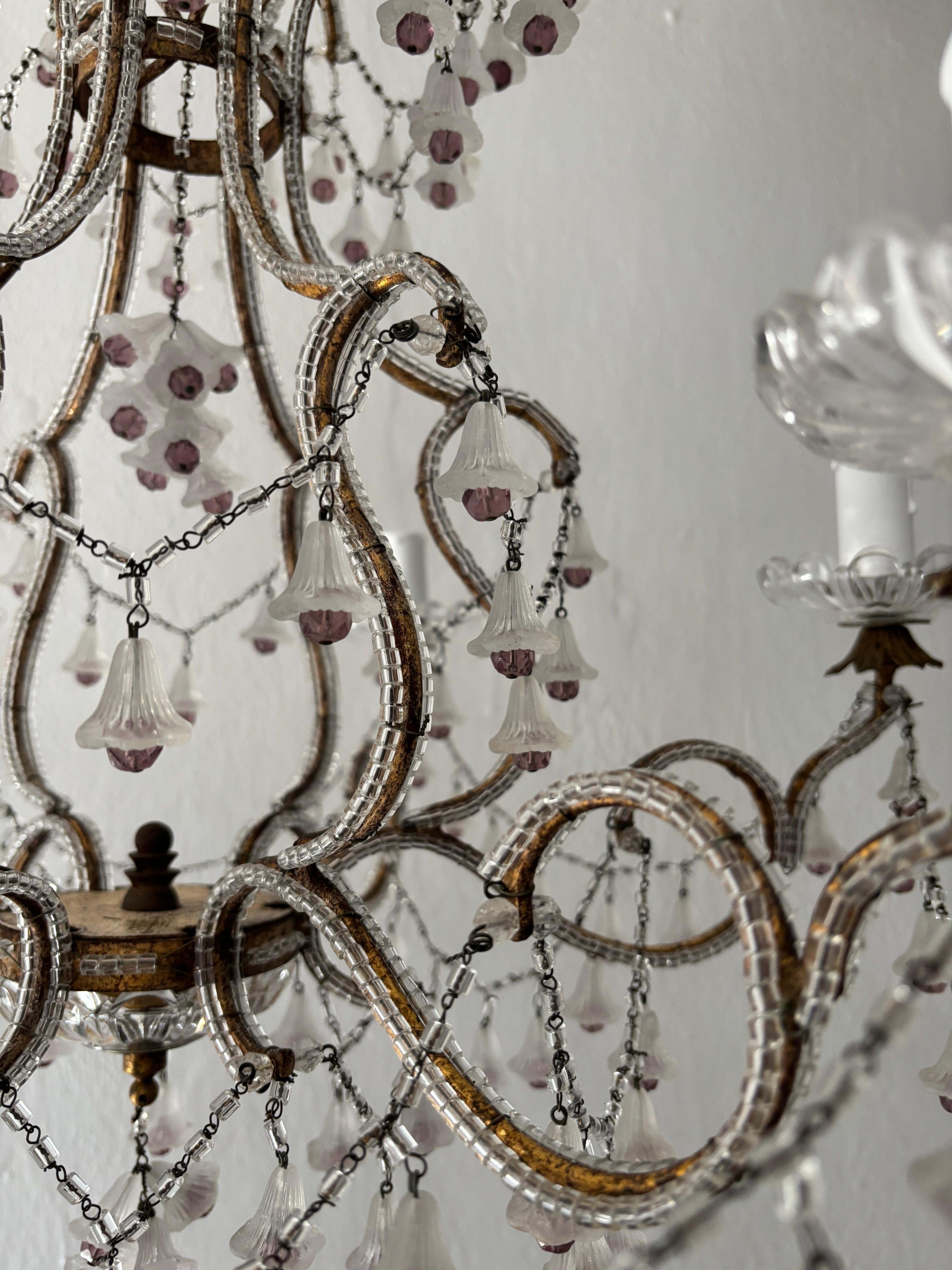 Rare French Beaded Murano Flower Bells Amethyst Beads Chandelier, circa 1930 For Sale 6