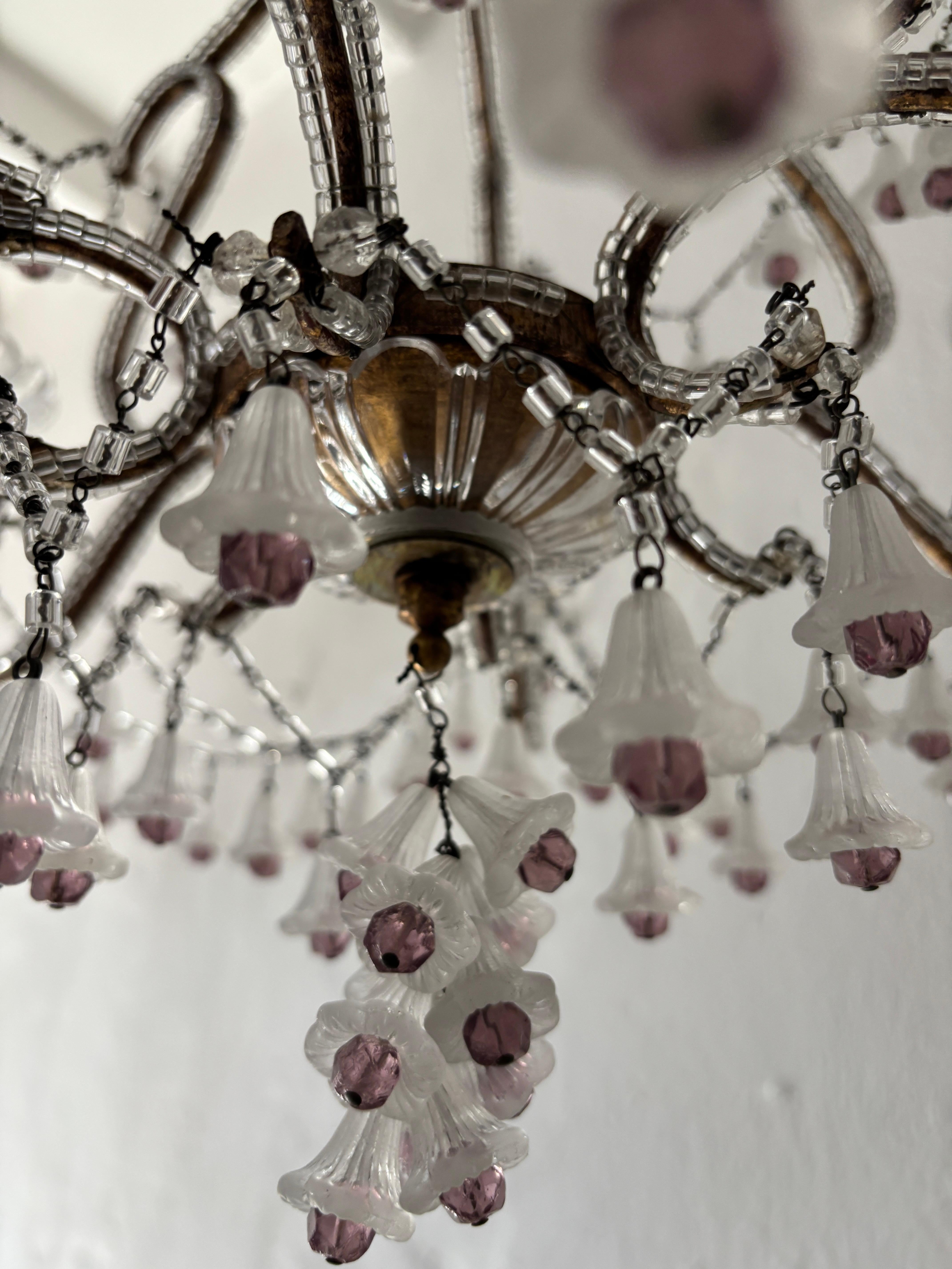 Rare French Beaded Murano Flower Bells Amethyst Beads Chandelier, circa 1930 For Sale 7