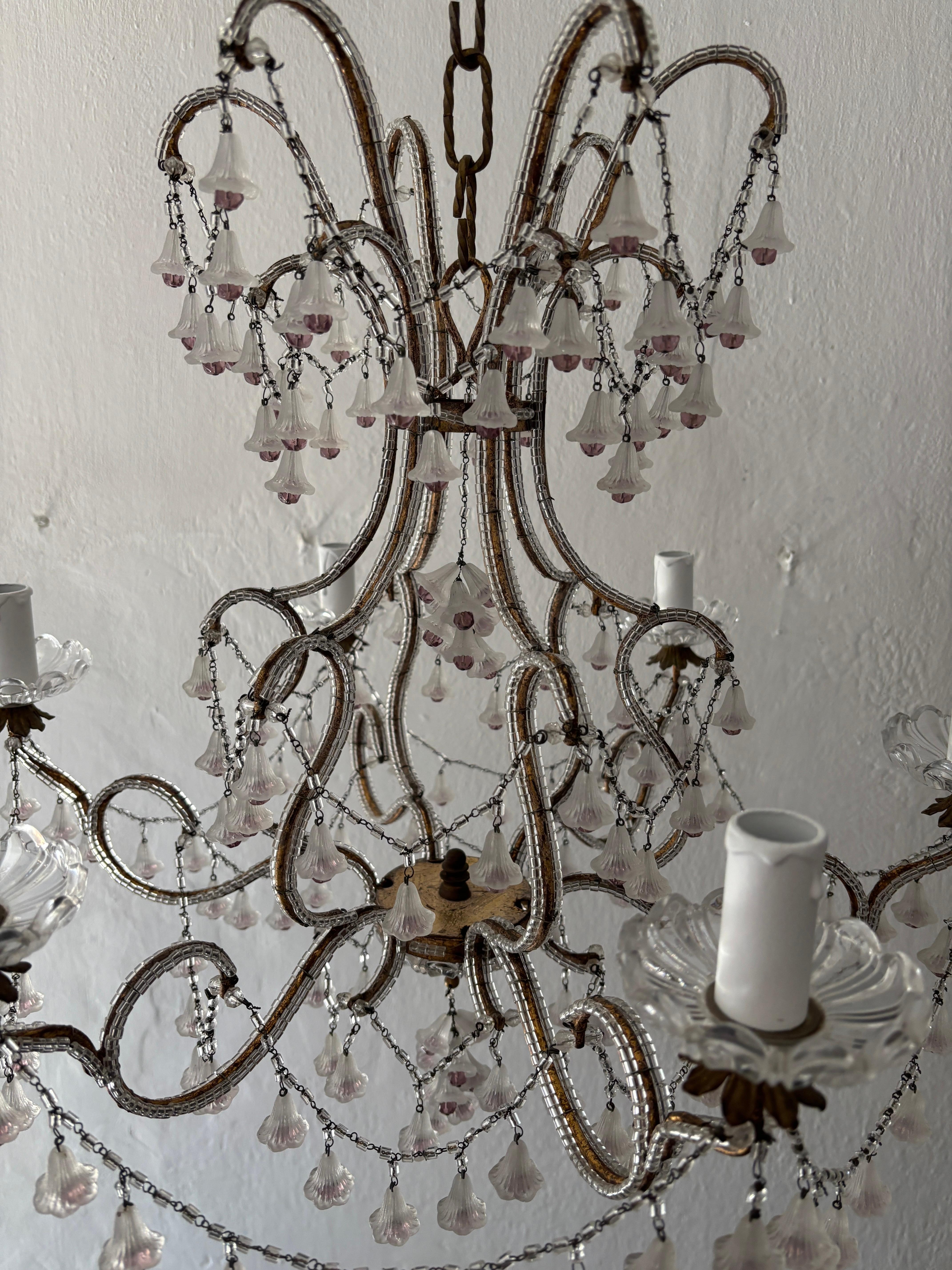 Rare French Beaded Murano Flower Bells Amethyst Beads Chandelier, circa 1930 For Sale 8