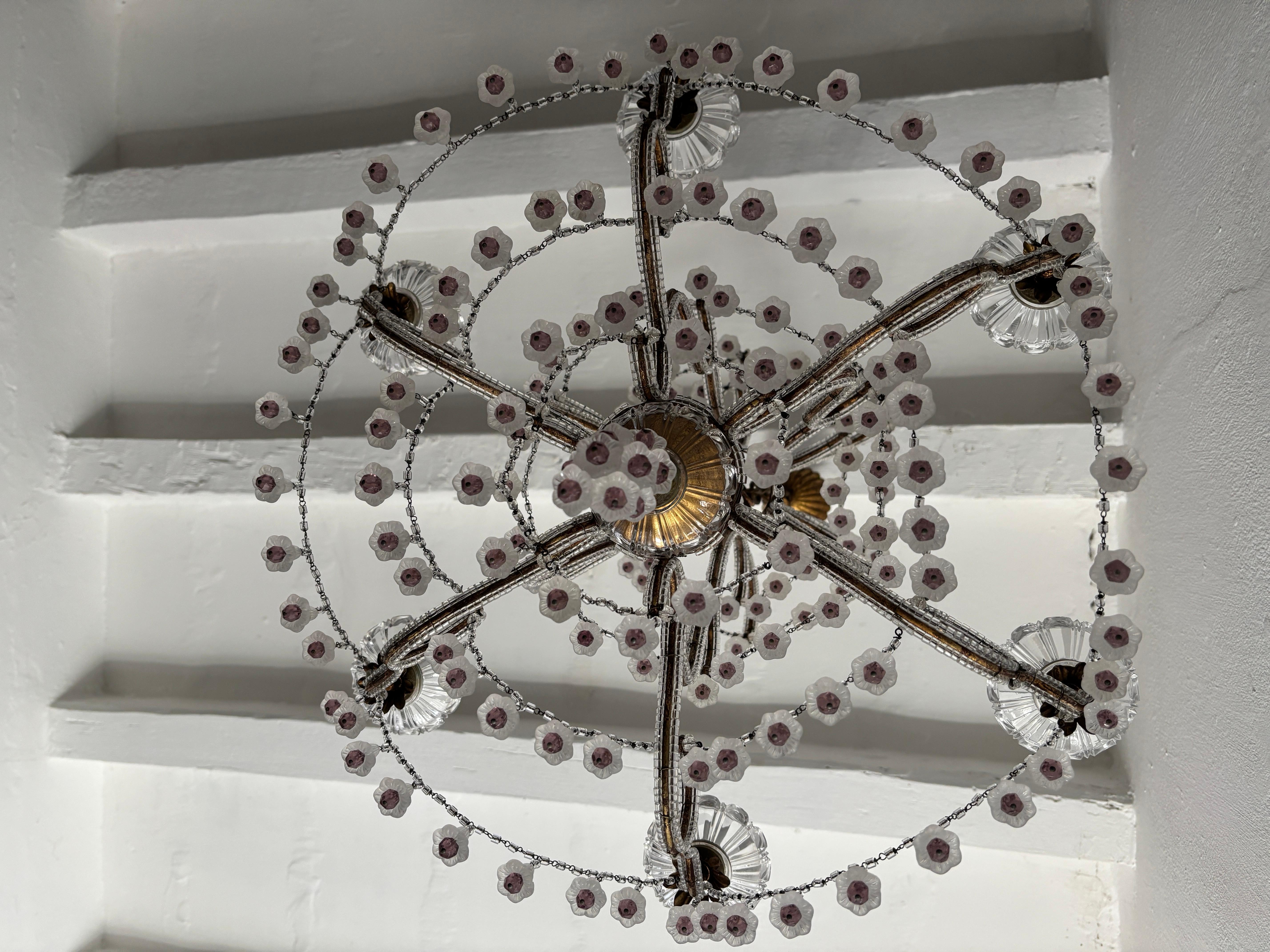 Rare French Beaded Murano Flower Bells Amethyst Beads Chandelier, circa 1930 For Sale 9