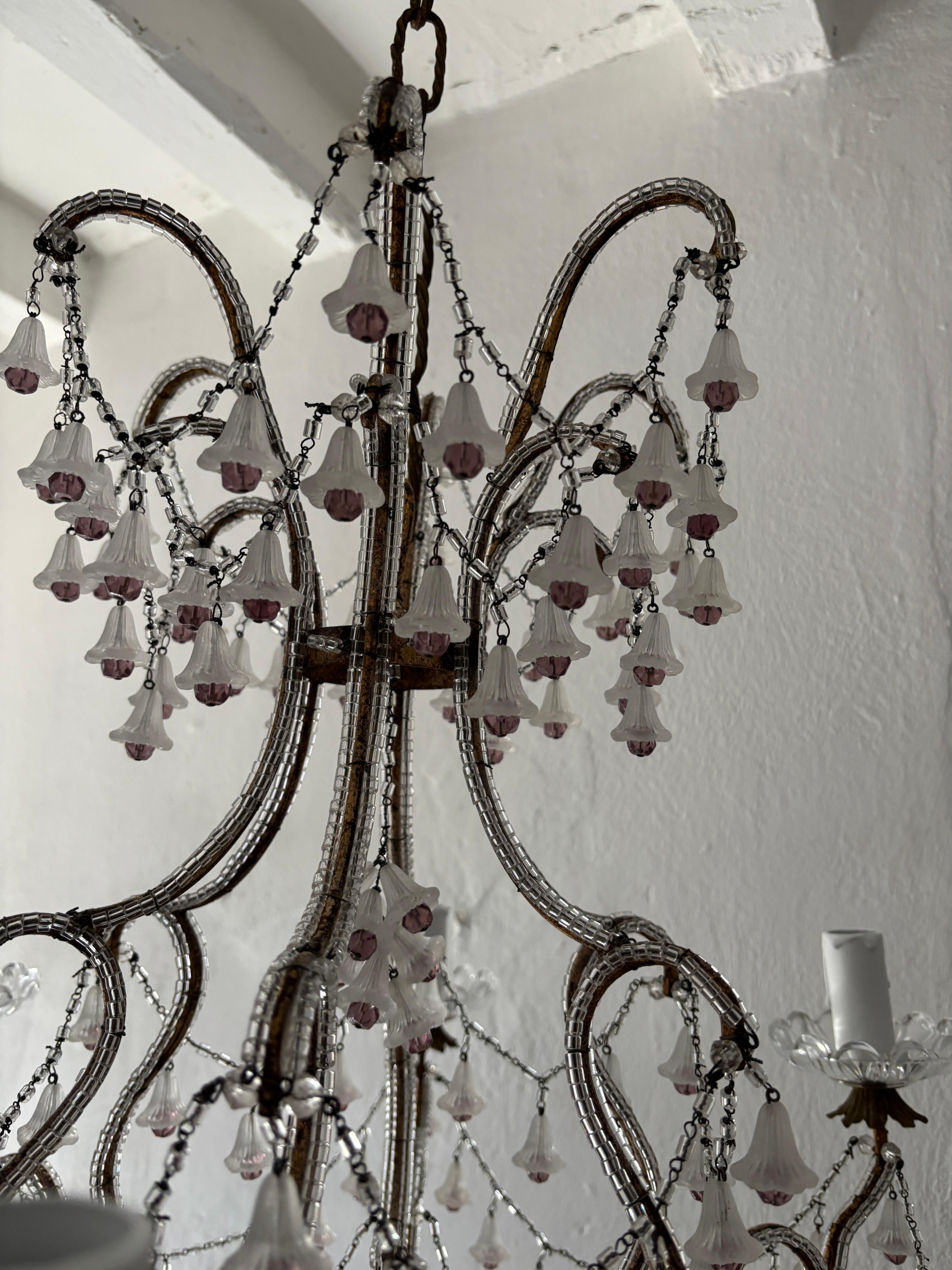 Baroque Rare French Beaded Murano Flower Bells Amethyst Beads Chandelier, circa 1930 For Sale