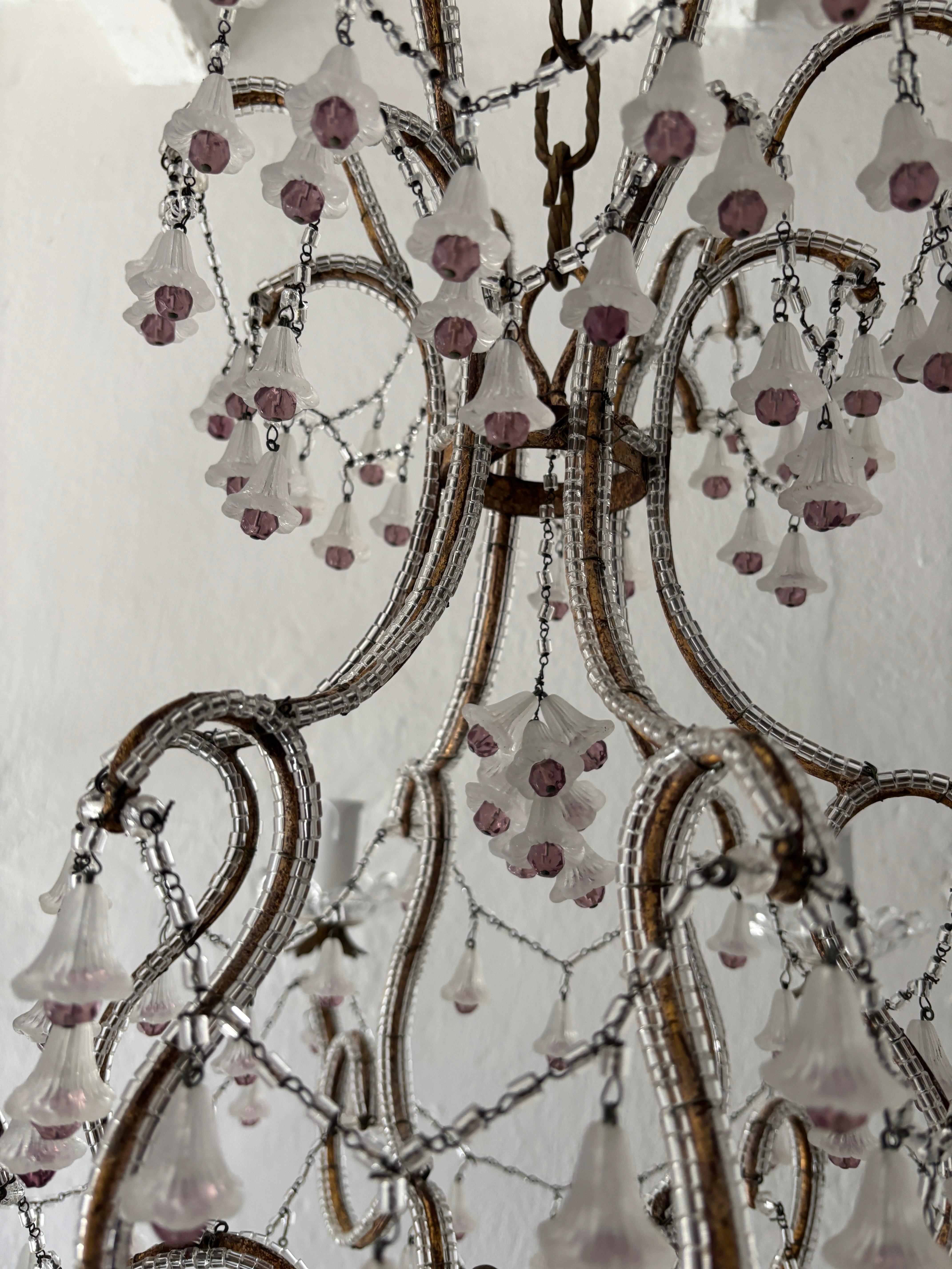 Rare French Beaded Murano Flower Bells Amethyst Beads Chandelier, circa 1930 In Good Condition For Sale In Firenze, Toscana