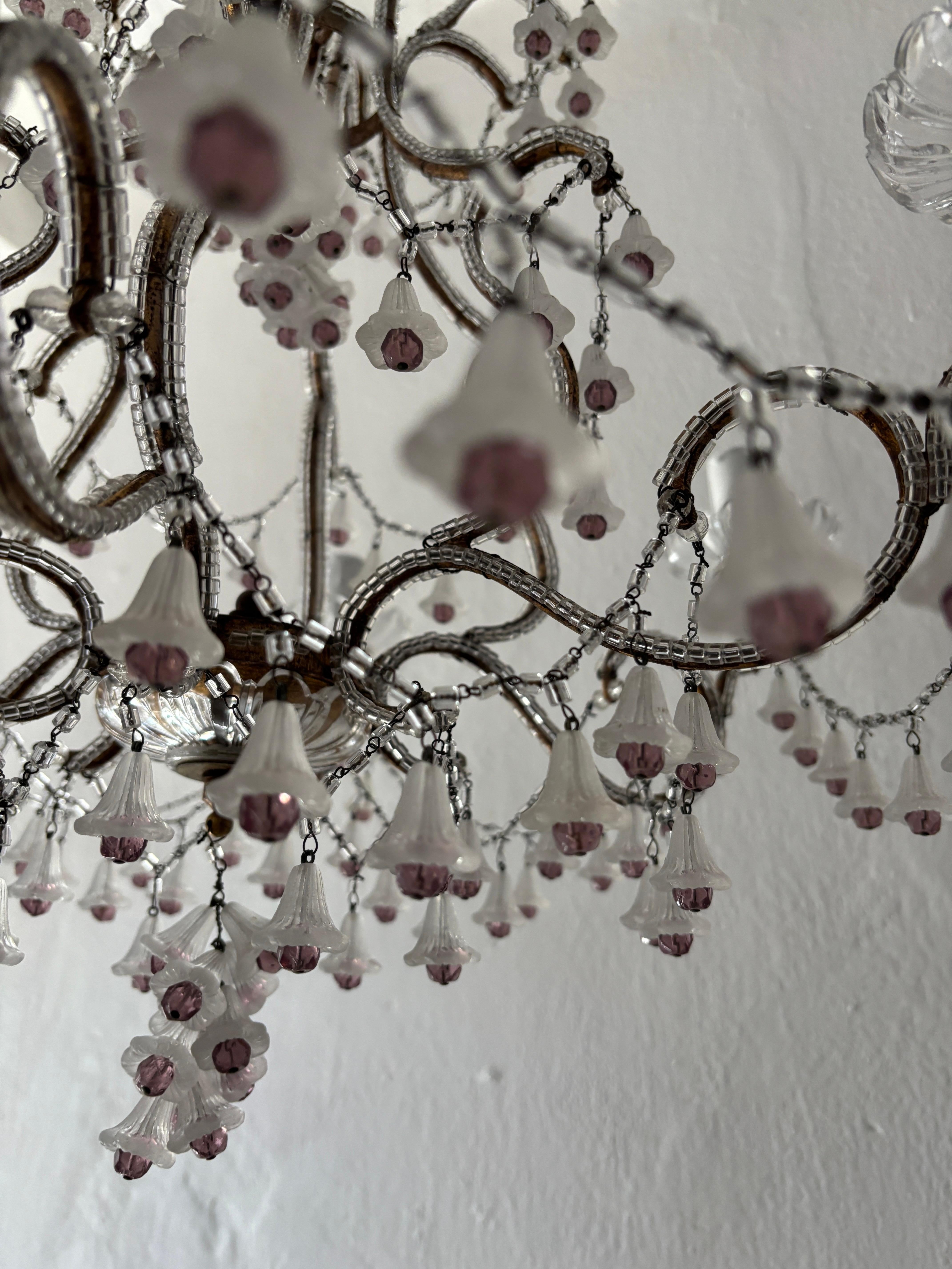 Mid-20th Century Rare French Beaded Murano Flower Bells Amethyst Beads Chandelier, circa 1930 For Sale
