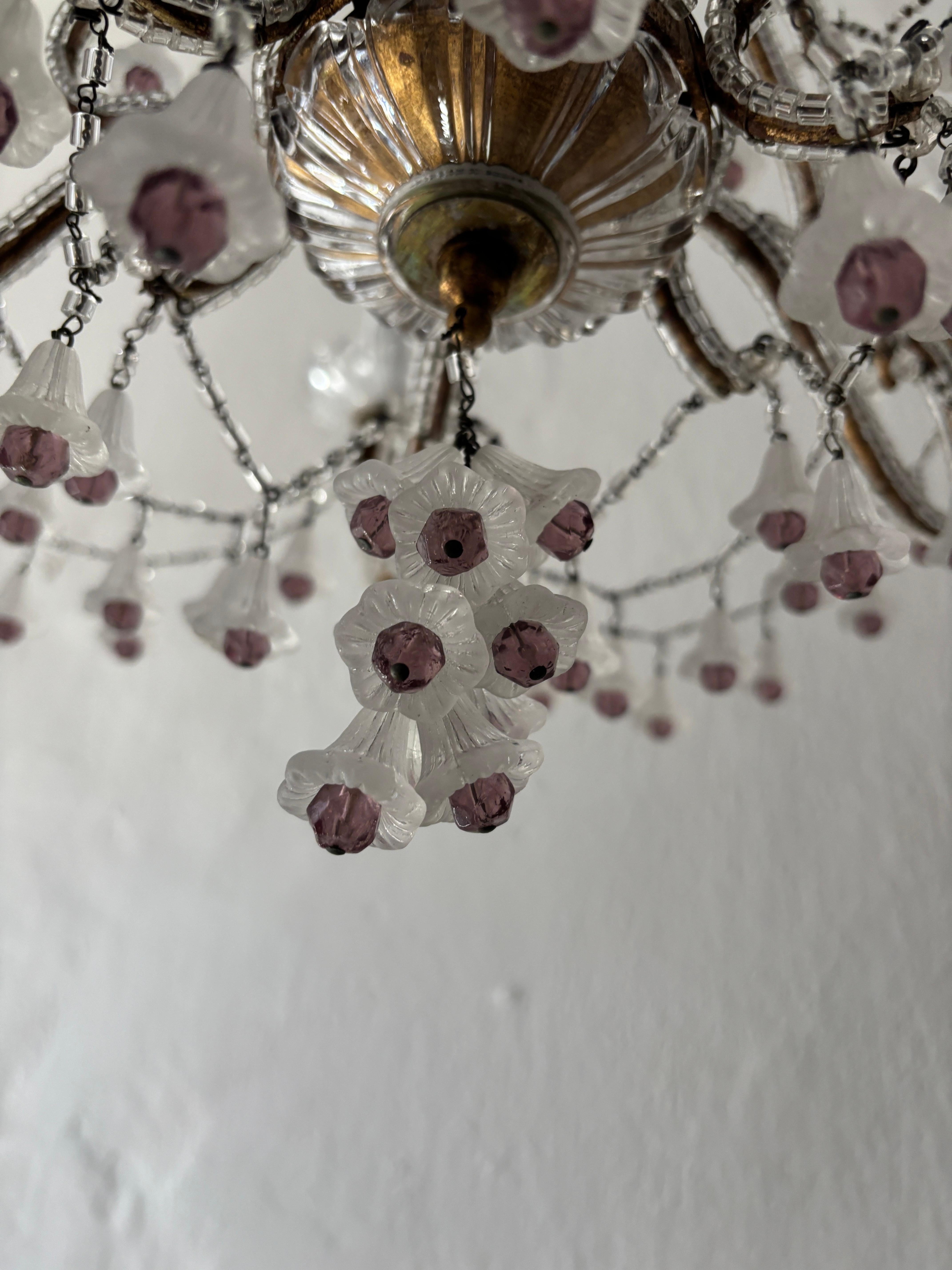 Crystal Rare French Beaded Murano Flower Bells Amethyst Beads Chandelier, circa 1930 For Sale
