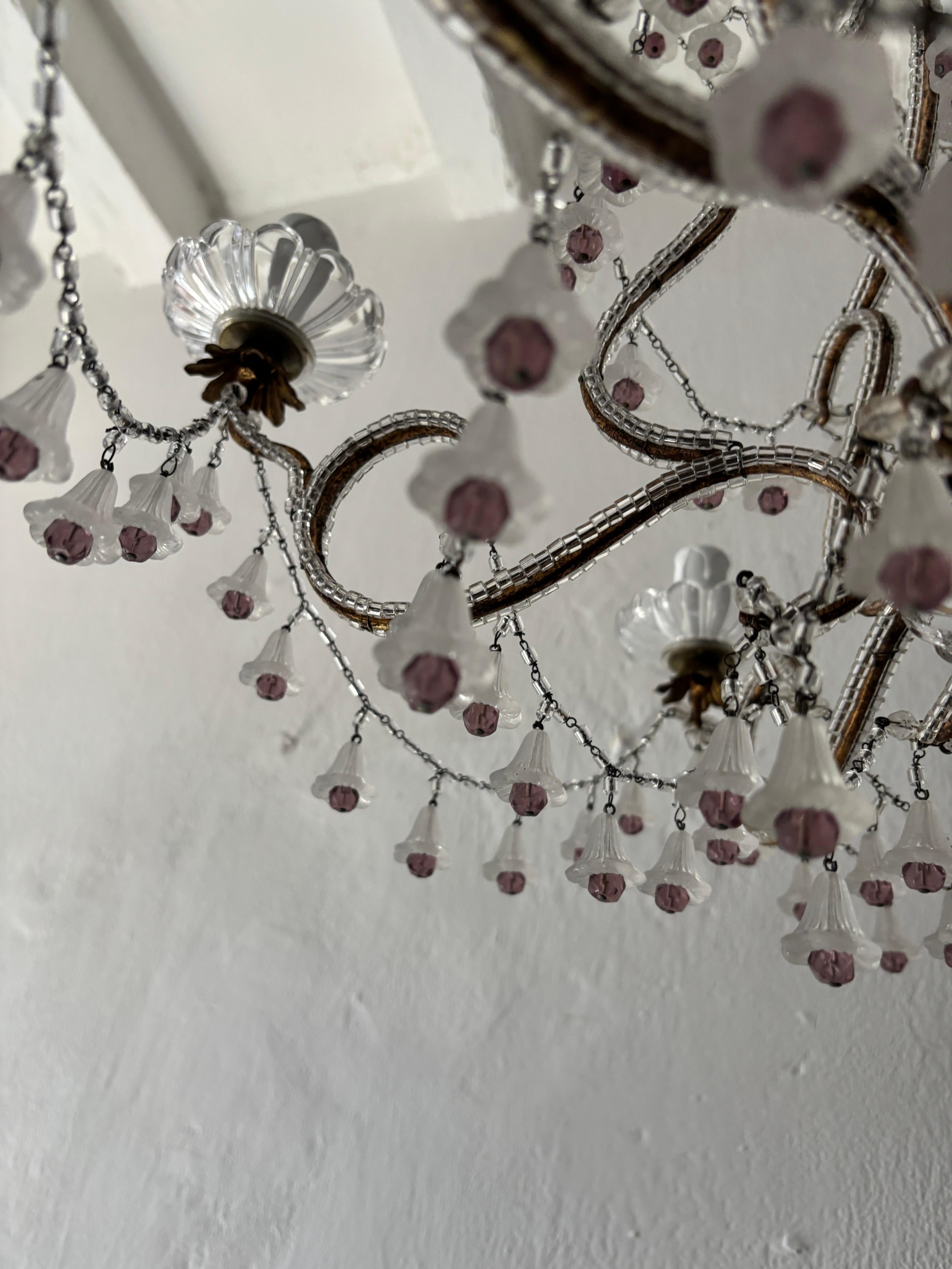 Rare French Beaded Murano Flower Bells Amethyst Beads Chandelier, circa 1930 For Sale 1