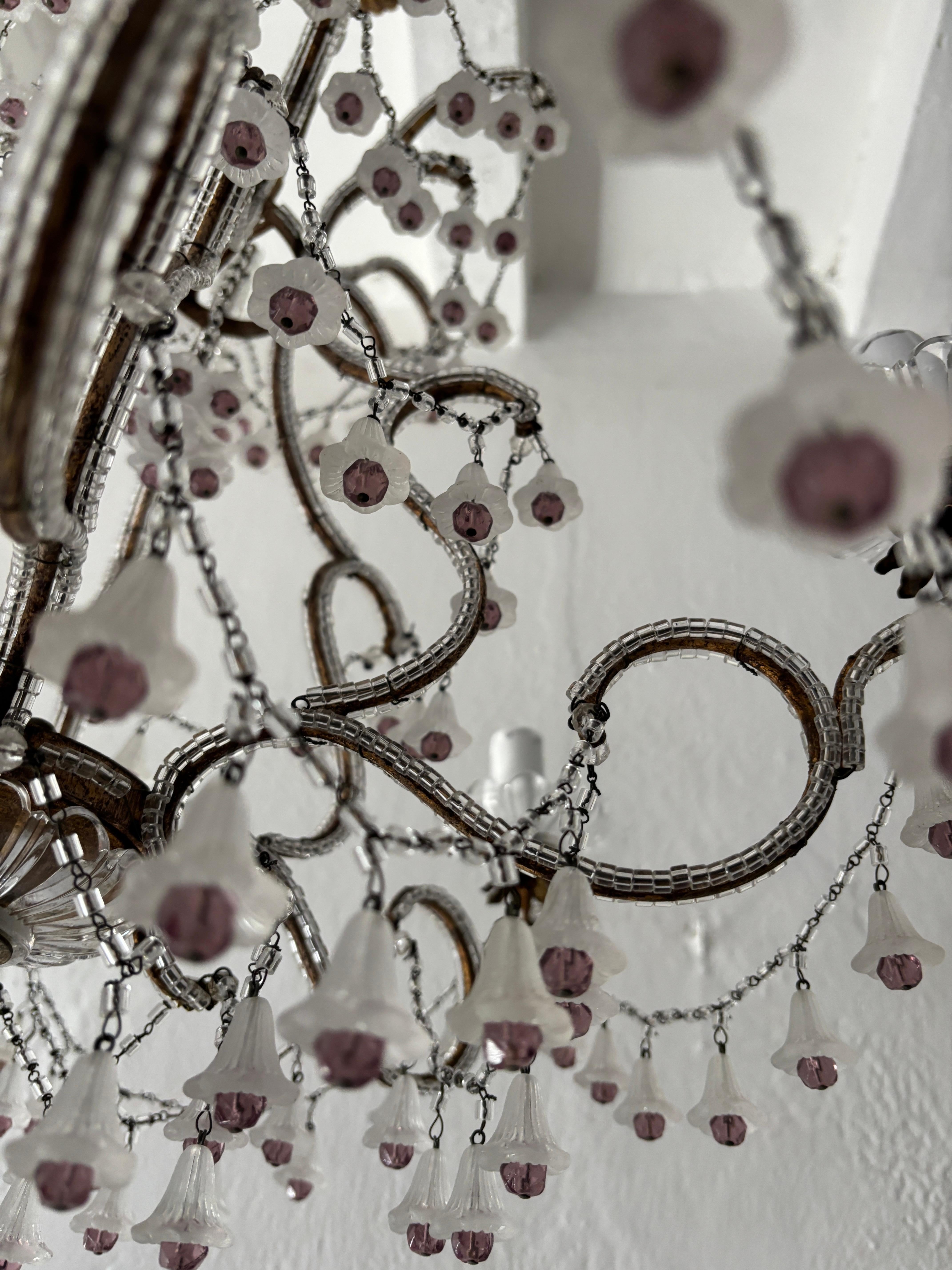 Rare French Beaded Murano Flower Bells Amethyst Beads Chandelier, circa 1930 For Sale 2