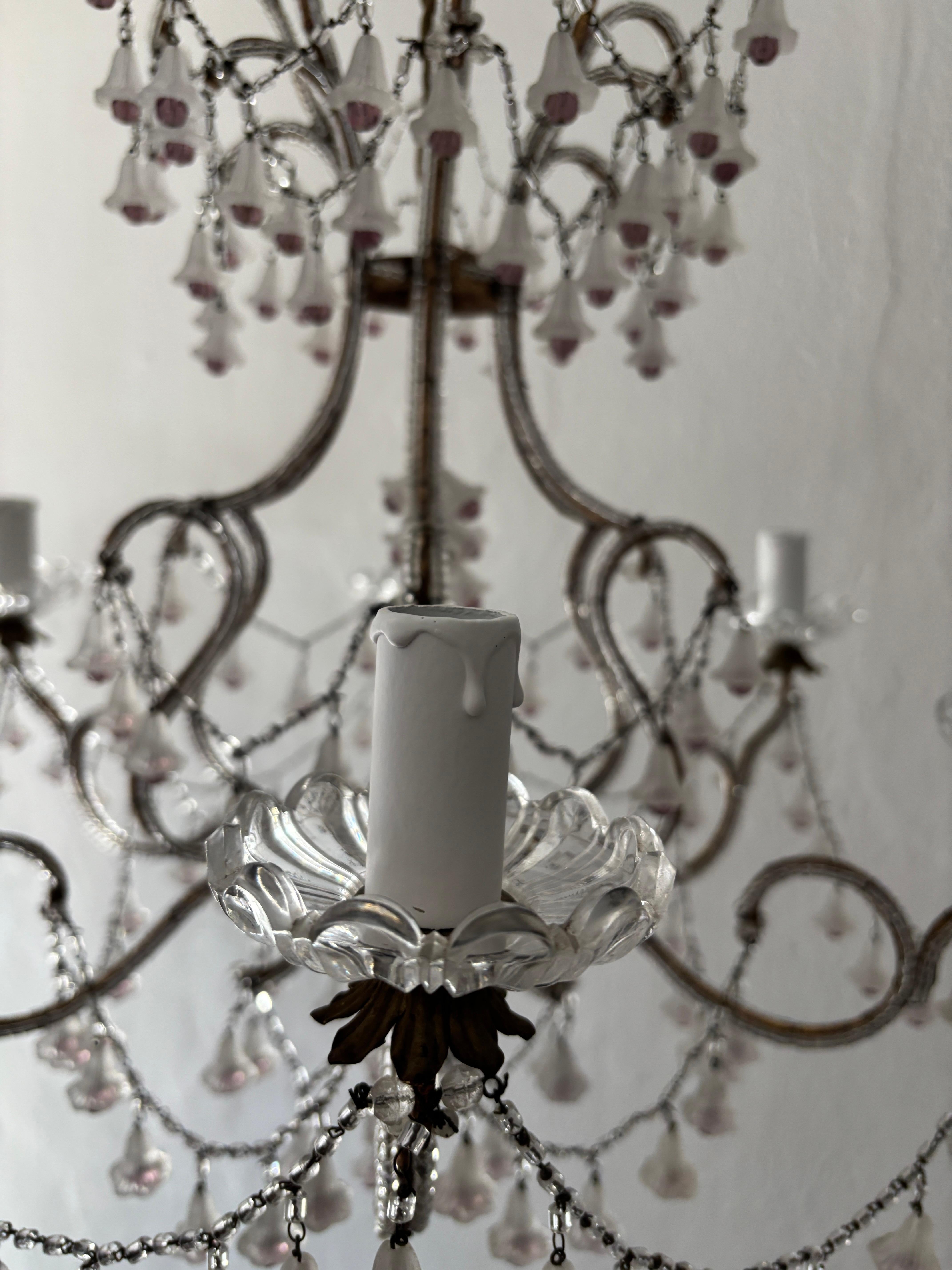 Rare French Beaded Murano Flower Bells Amethyst Beads Chandelier, circa 1930 For Sale 3