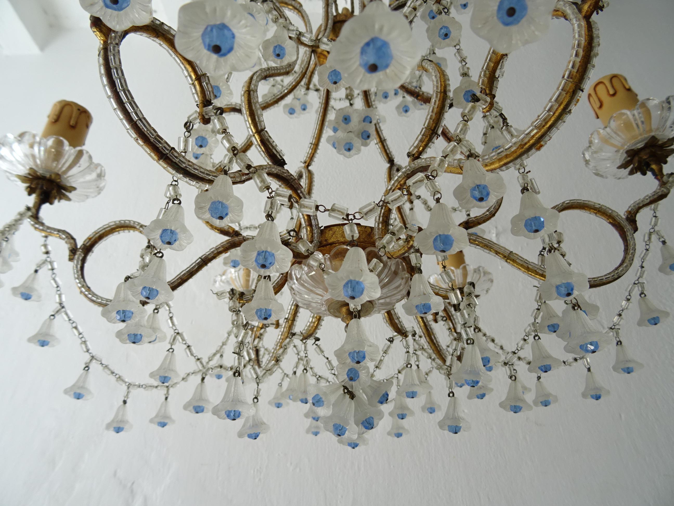 Rare French Beaded Murano Flower Bells Blue Beads Chandelier, circa 1930 For Sale 4