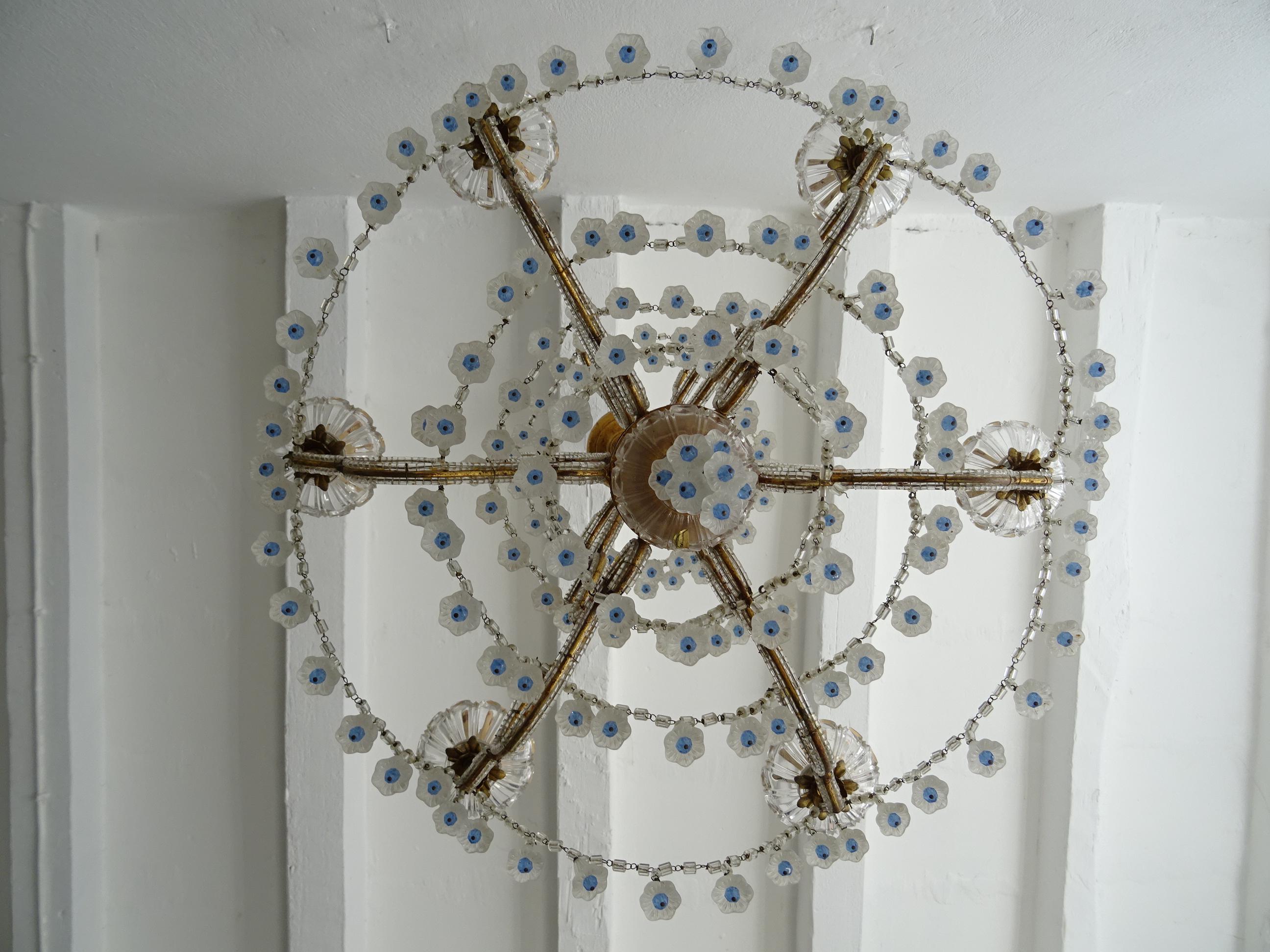 Baroque Rare French Beaded Murano Flower Bells Blue Beads Chandelier, circa 1930 For Sale
