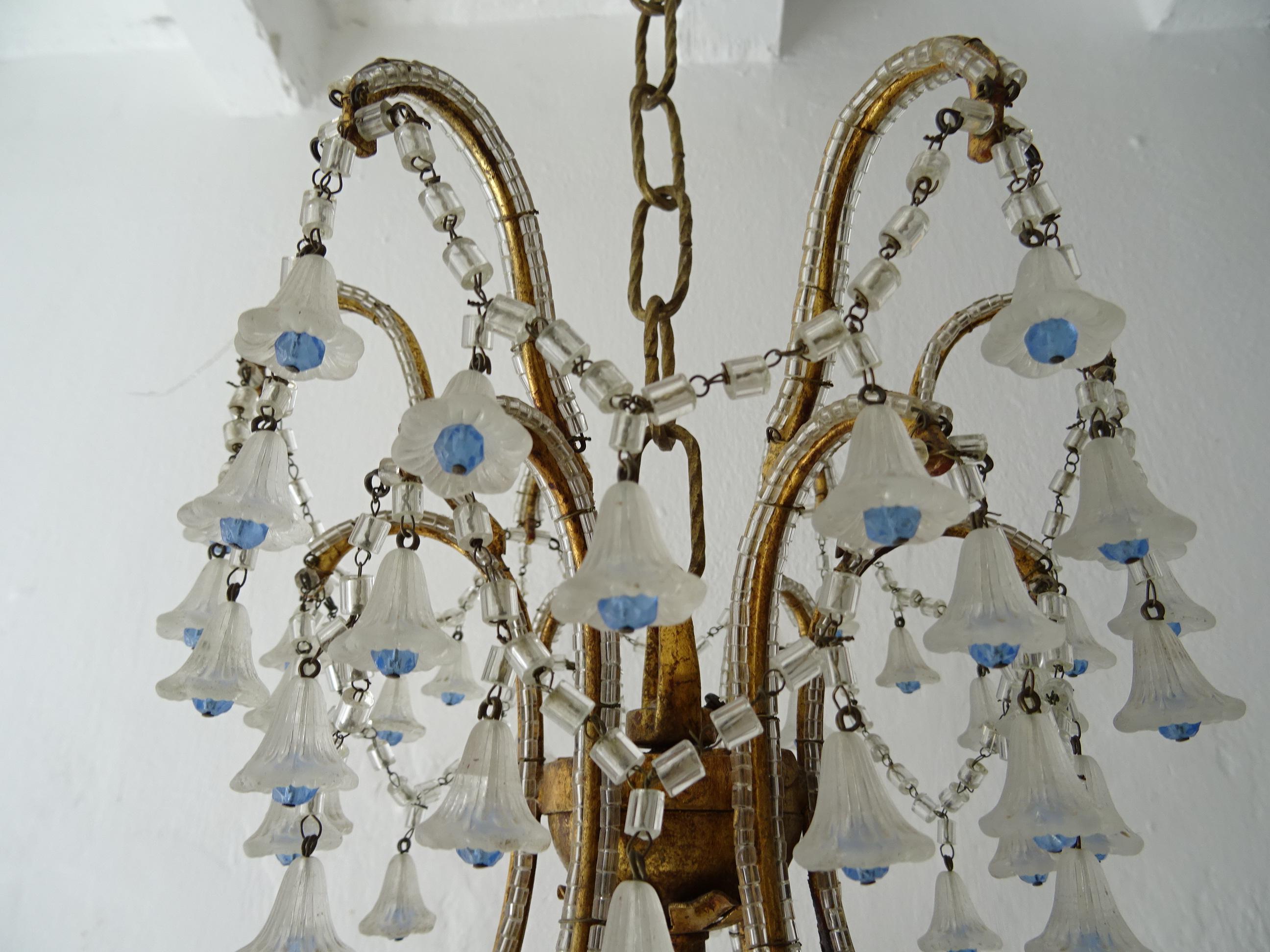 Rare French Beaded Murano Flower Bells Blue Beads Chandelier, circa 1930 In Good Condition For Sale In Modena (MO), Modena (Mo)