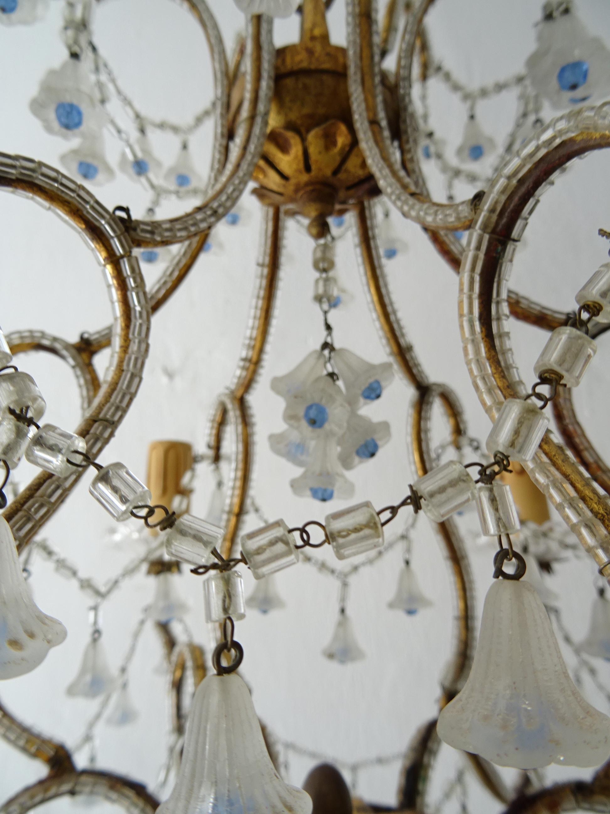 Mid-20th Century Rare French Beaded Murano Flower Bells Blue Beads Chandelier, circa 1930 For Sale