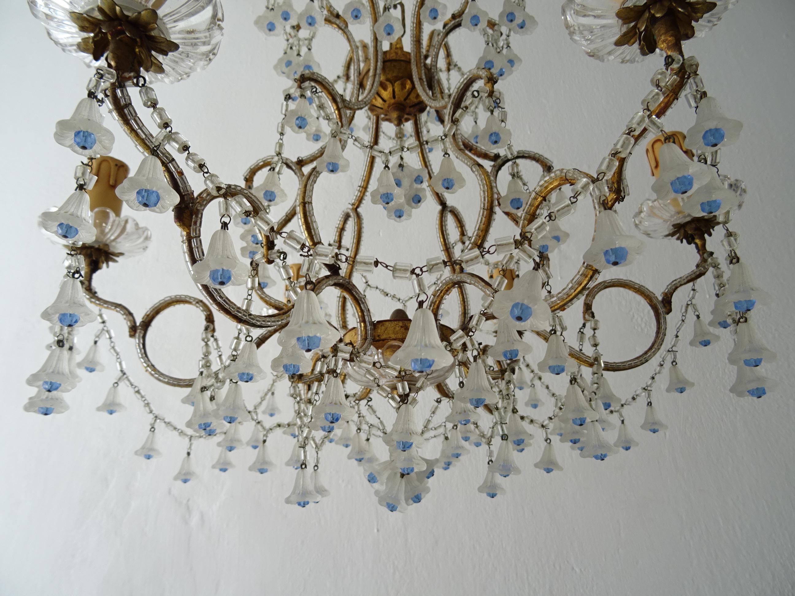 Crystal Rare French Beaded Murano Flower Bells Blue Beads Chandelier, circa 1930 For Sale