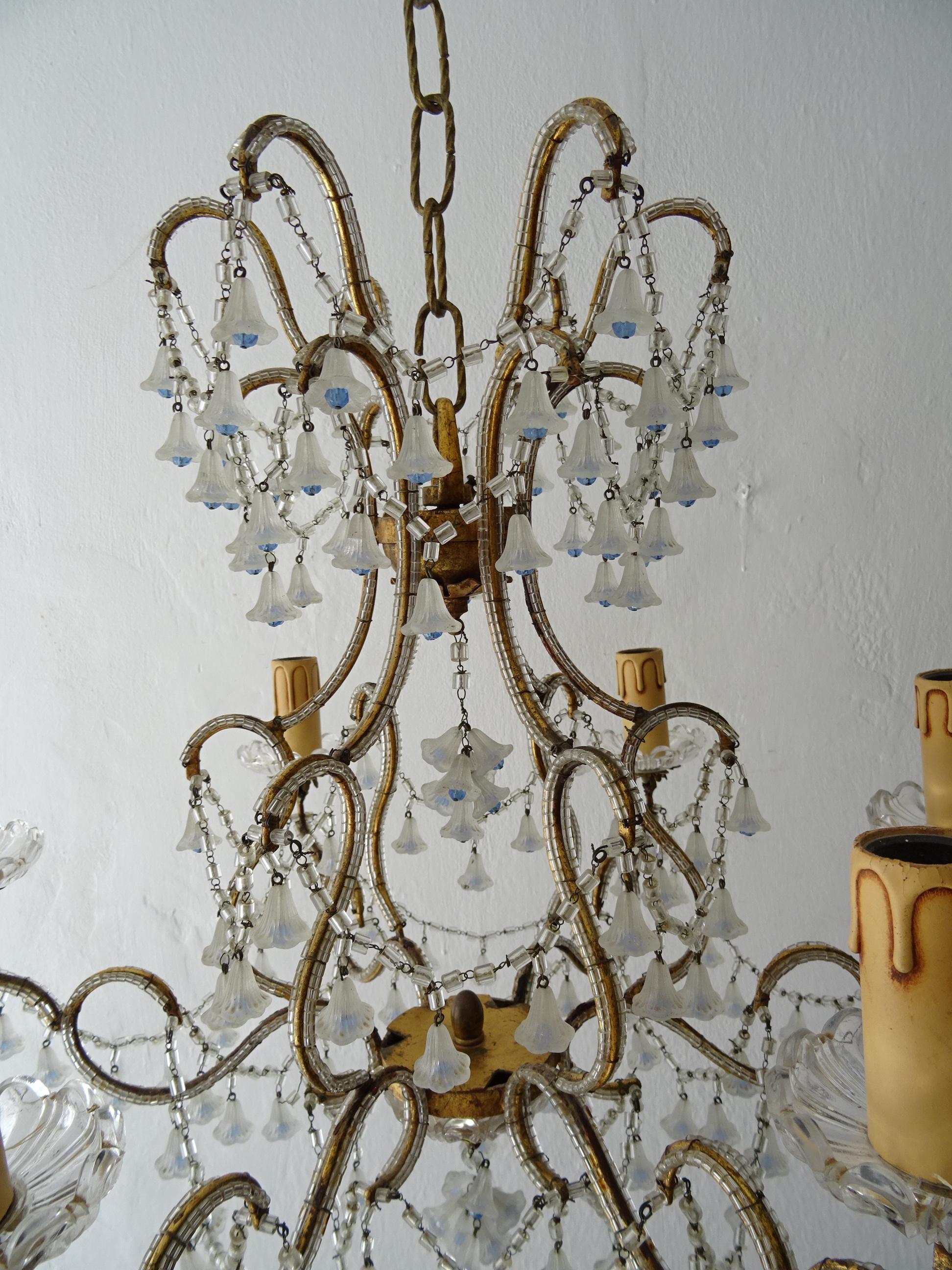 Rare French Beaded Murano Flower Bells Blue Beads Chandelier, circa 1930 For Sale 1