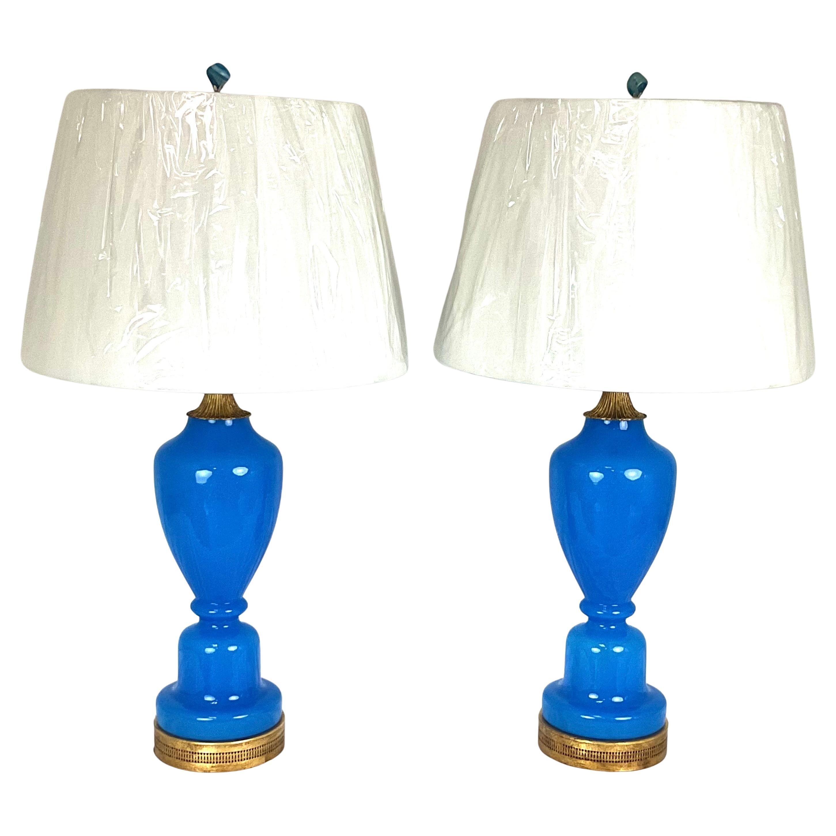 Rare French Blue Opaline Glass Lamp Pair