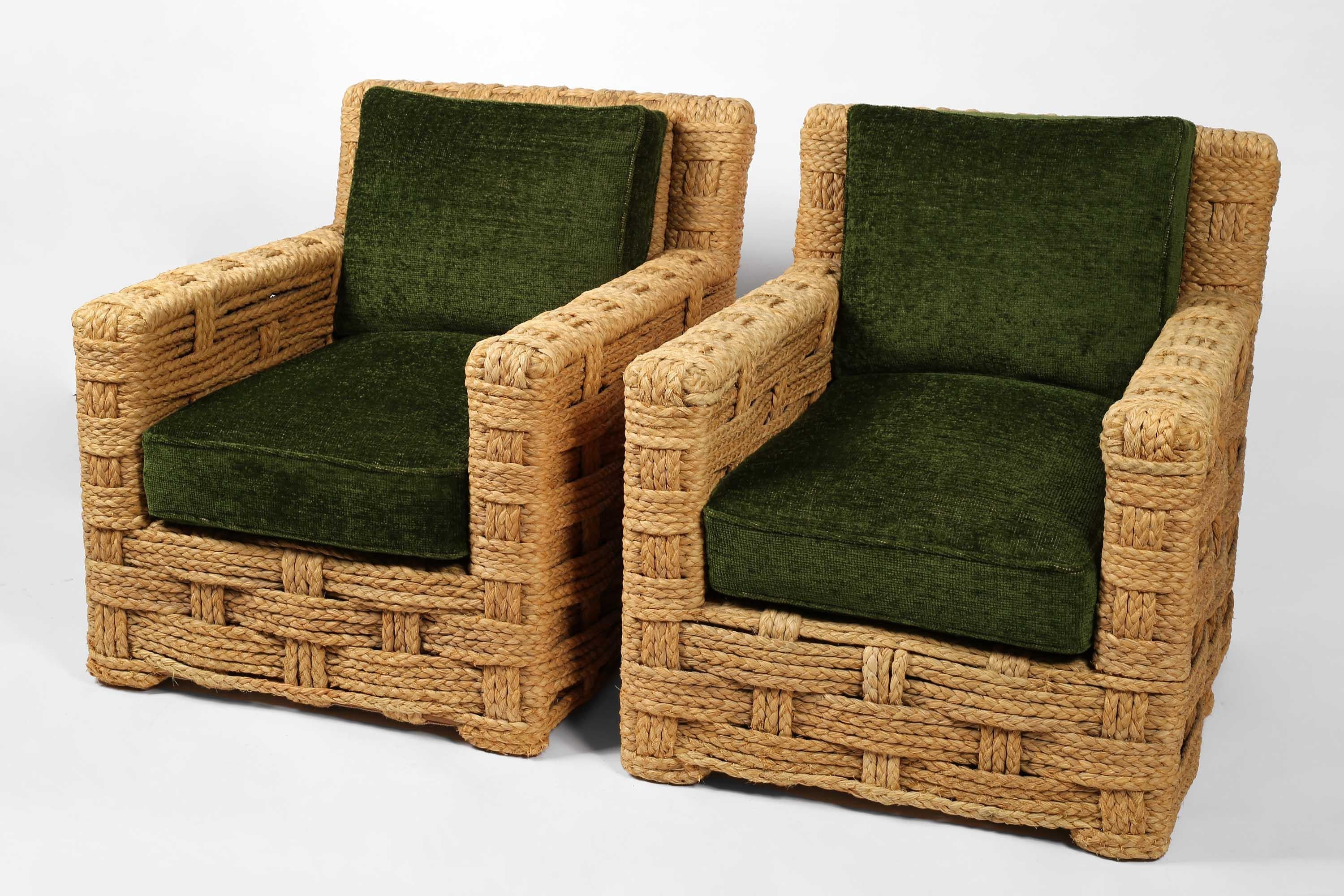 Français Rare fauteuils club en raphia tressé d'Adrien Audoux et Frida Minnet en vente