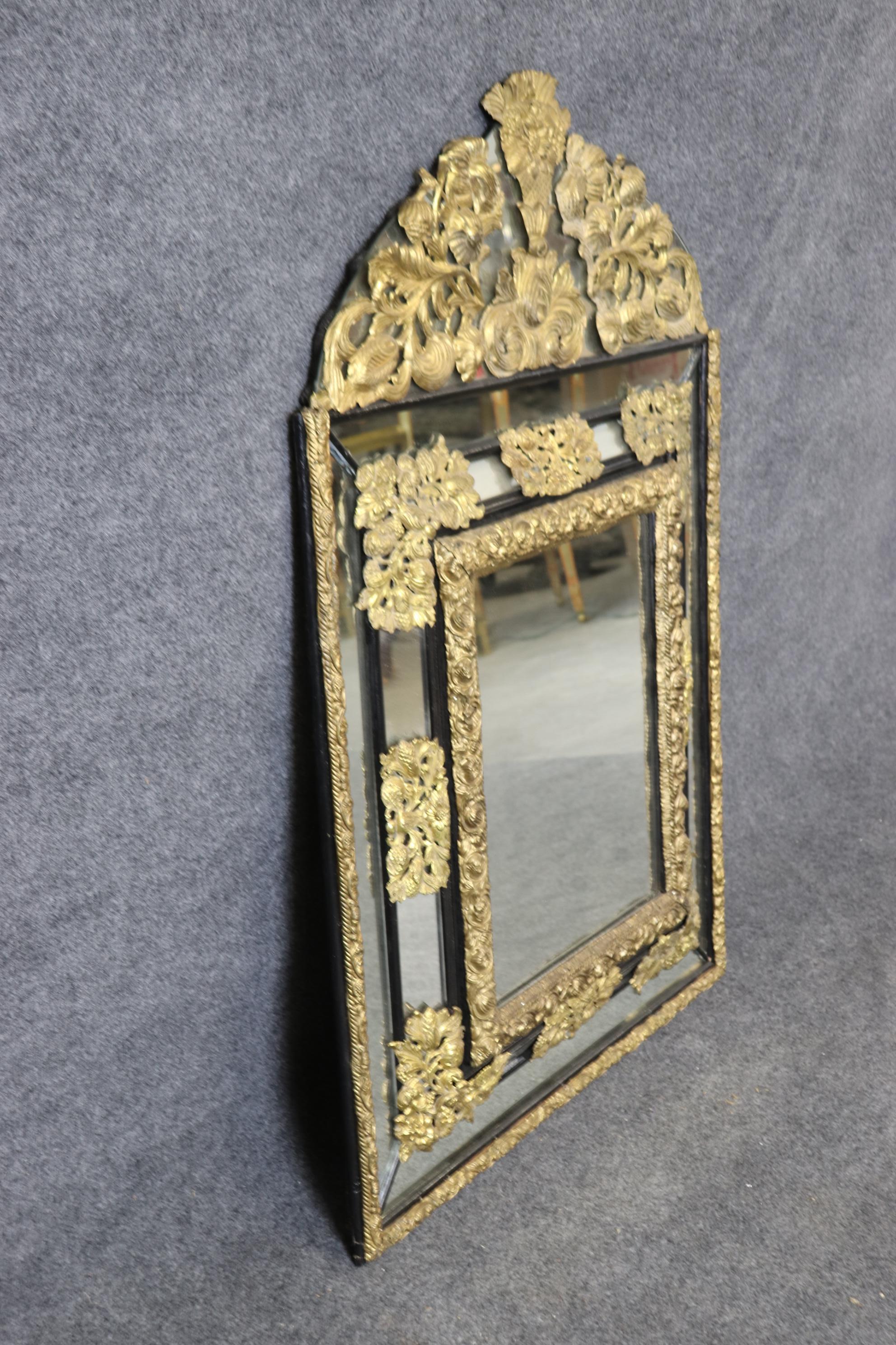 Louis XIV Rare French Brass Repousse Three-Dimensional Cushion Mirror Circa 1920 For Sale