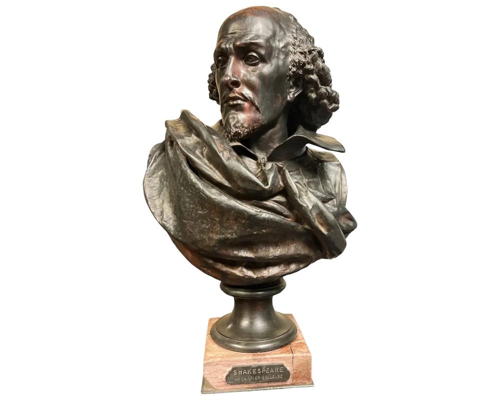 Raro busto francés de bronce de William Shakespeare por Carrier Belleuse y Pinedo, c